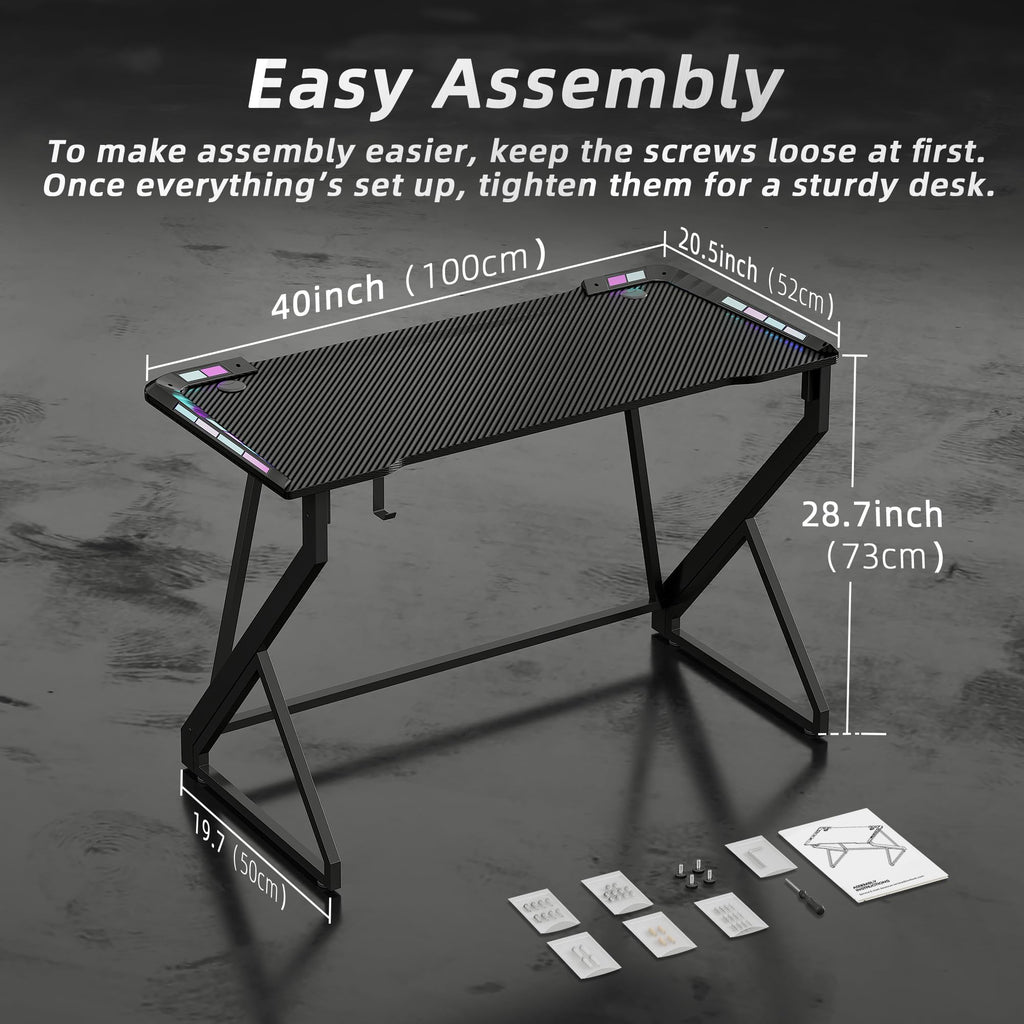 TIQLAB Gaming Desk with LED Lights, 40 Inch Computer Desk Z Shaped Gamer Workstation, Gaming Table with Carbon Fiber Surface, PC Gamer Desk, Black