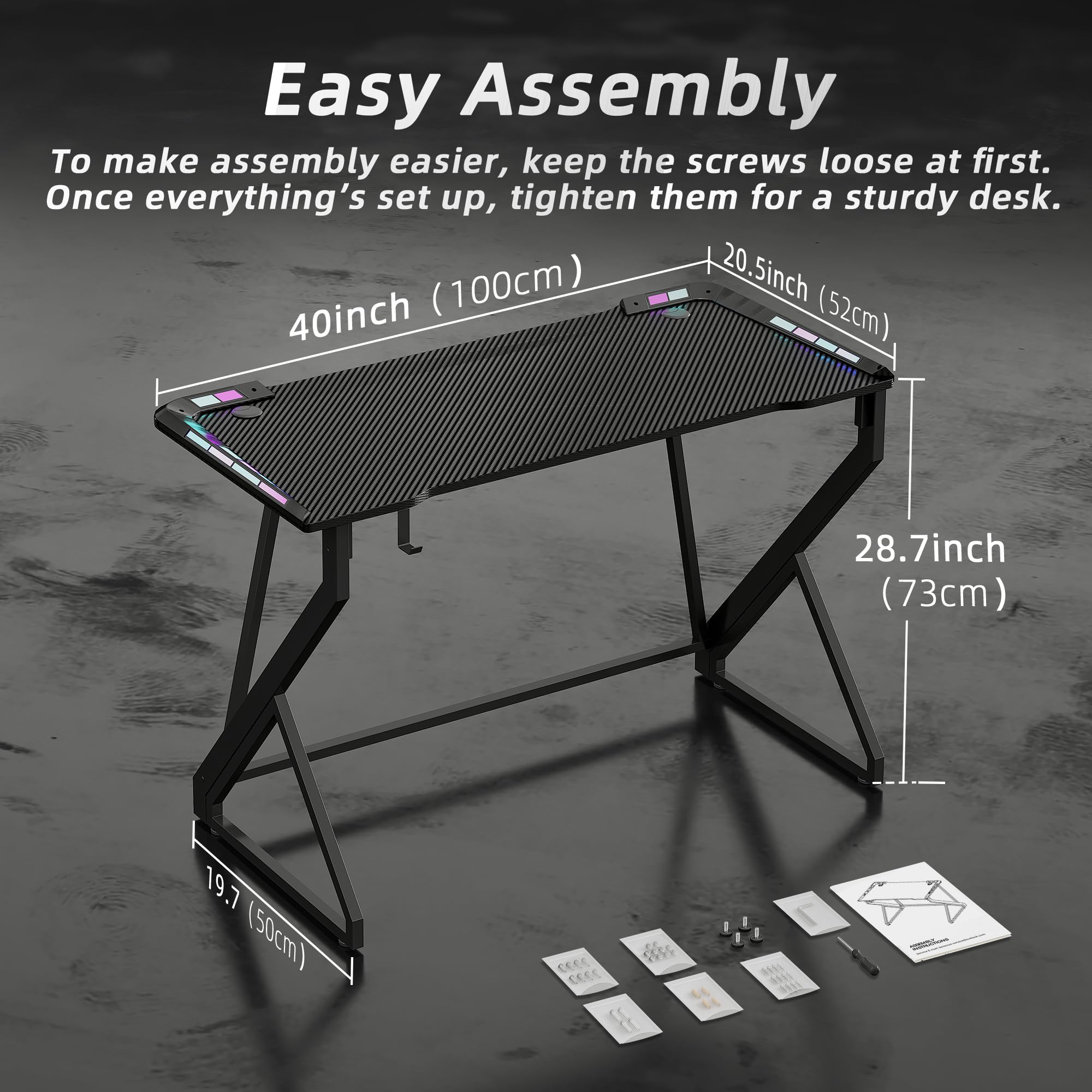 TIQLAB Gaming Desk with LED Lights, 40 Inch Computer Desk Z Shaped Gamer Workstation, Gaming Table with Carbon Fiber Surface, PC Gamer Desk, Black