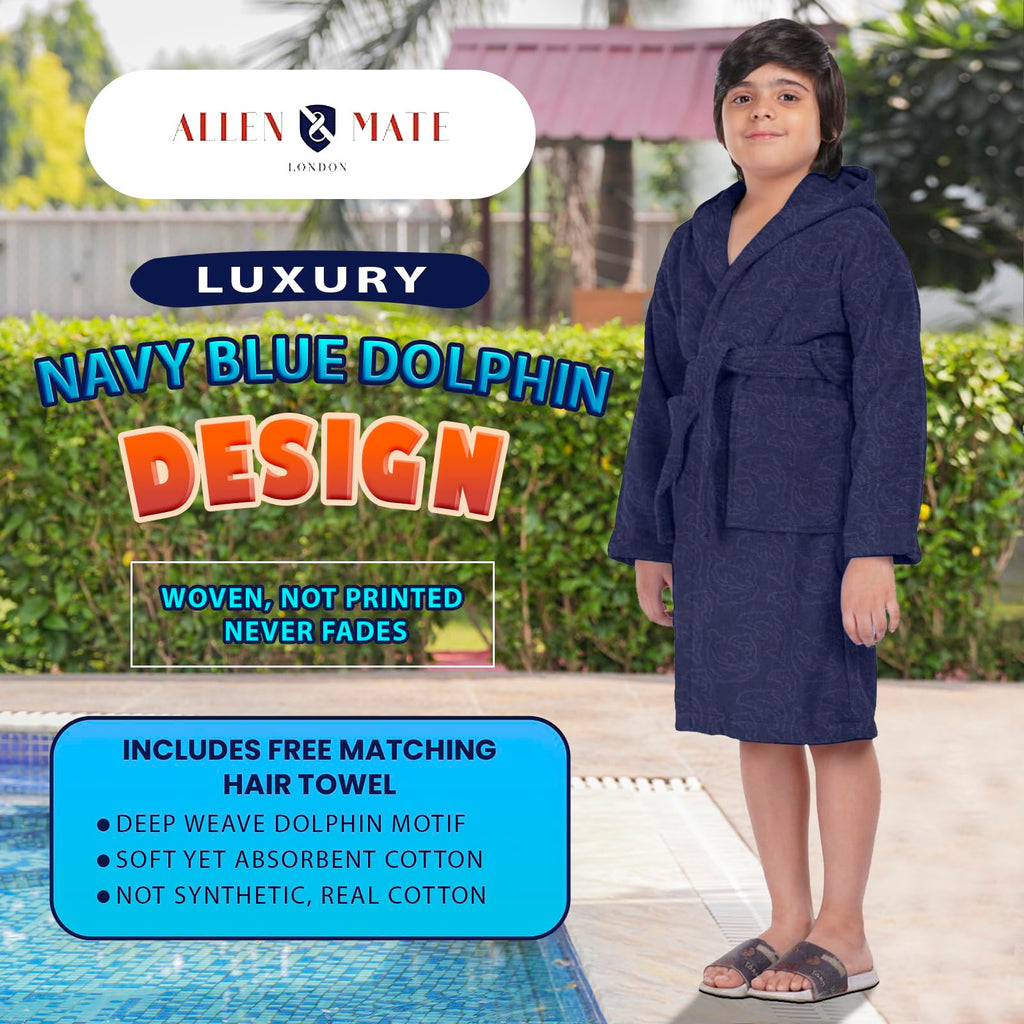 ALLEN & MATE 100% COTTON Hooded Kids Bathrobe – Soft, Medium Weight Absorbent Bath Towel Robe for Boys & Girls, 6-15 Years