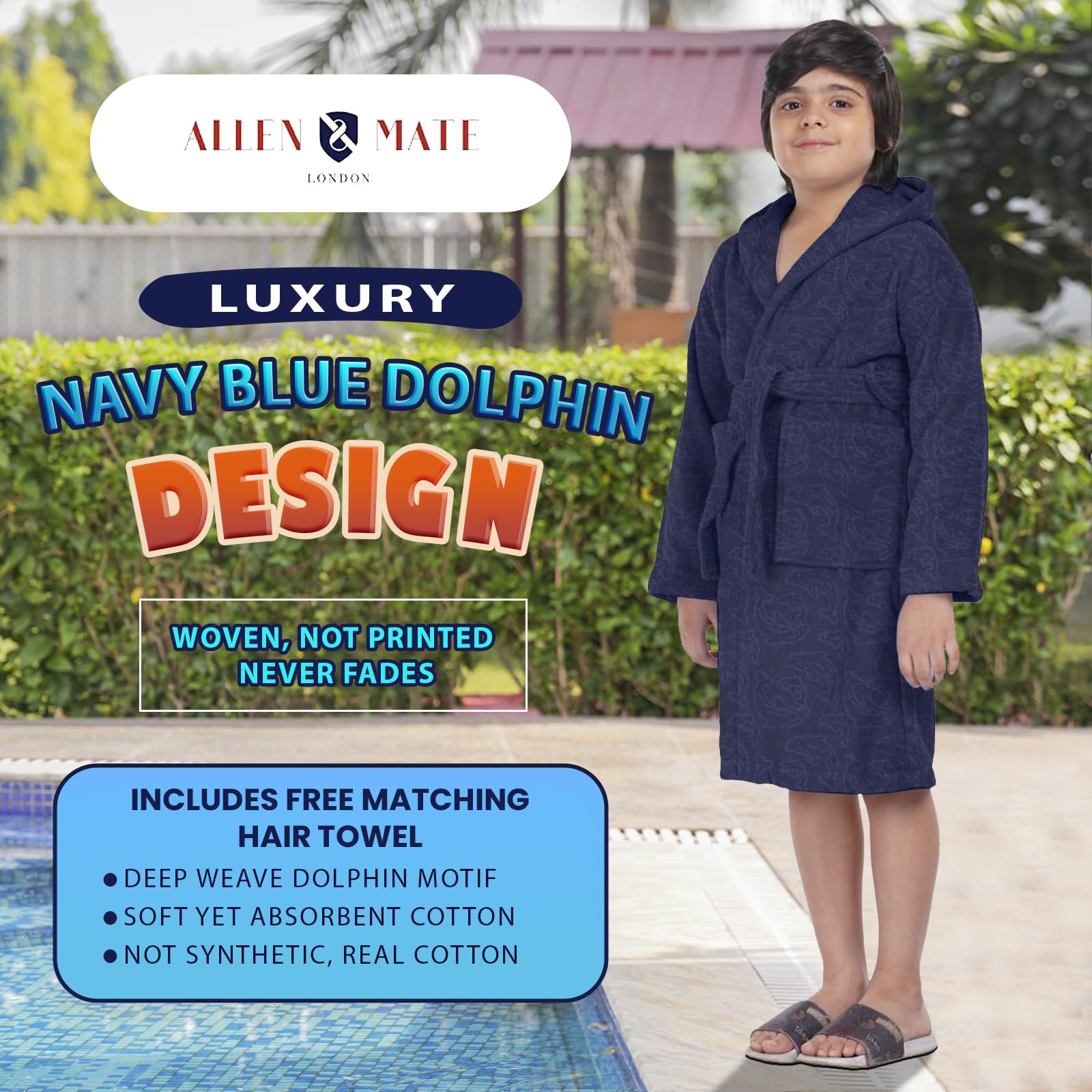 ALLEN & MATE 100% COTTON Hooded Kids Bathrobe – Soft, Medium Weight Absorbent Bath Towel Robe for Boys & Girls, 6-15 Years