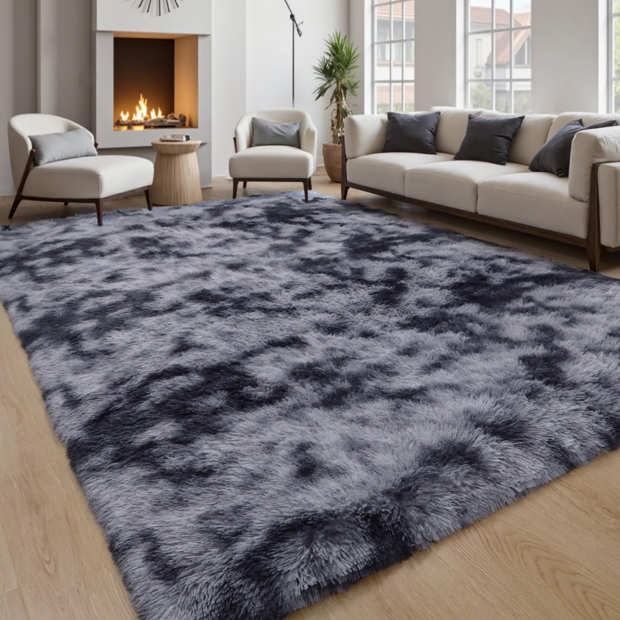 KICHOWUA Thick Area Rug Black Fluffy Shag 3x5 for Bedroom, Ultra Soft Thickened Plush Washable Carpet, Non-Slip Cozy Shaggy Fuzzy Rug for Living Room Nursery Dorm Playroom Kids Baby Room