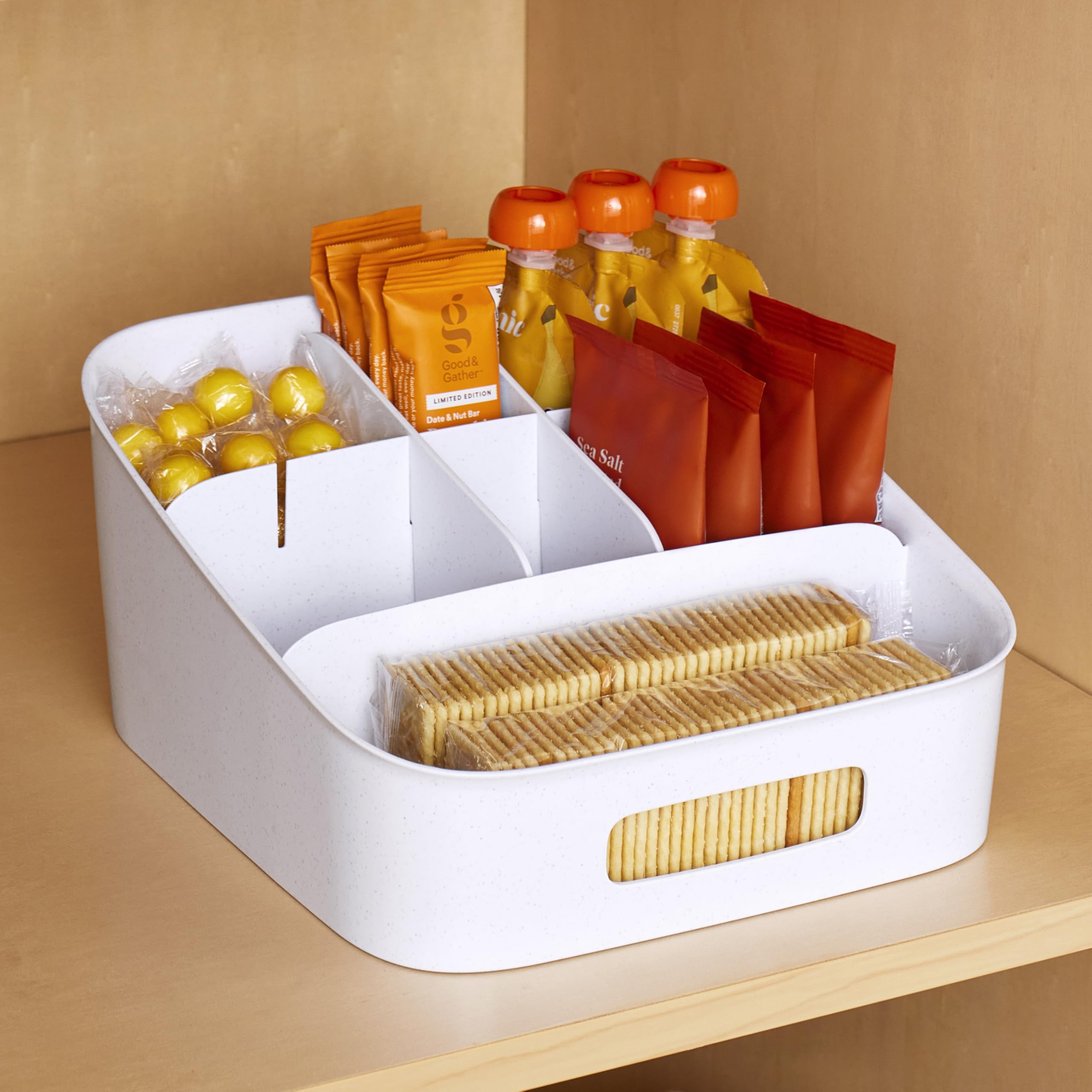 YouCopia ShelfBin Packet Organizer, 4-Tier Stairstep Raised Divided Bin, BPA-Free Storage Caddy for Kitchen Pantry and Cabinet Organization, Tea Bags, Medicine, and More