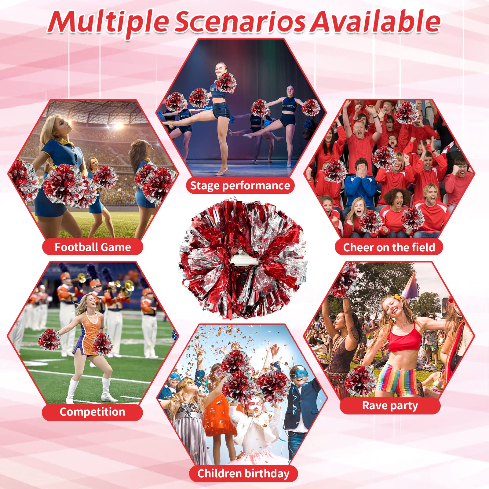 4Pcs Metallic Cheerleading Pom Poms, Creatiee 2 Pair Cheerleader Cheering Squad Pompoms for School Sports Dance Games Team Spirit Cheer