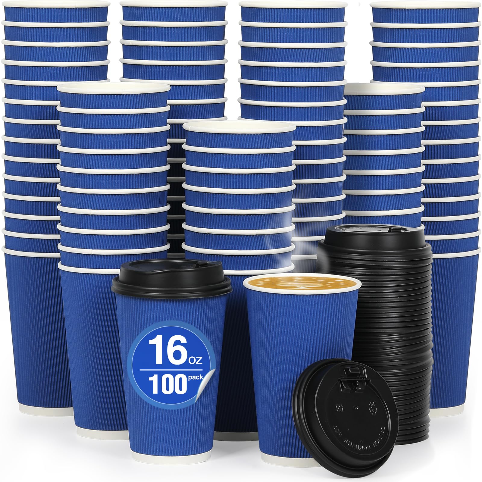 16 oz 100 Pack Corrugated Ripple Wall Disposable Coffee Cups with Lids and Straws, Heavy Duty Insulated Cups for Hot Beverage or Cold Drinks, Bulk for Restaurants, Offices, Coffee Shops(Black)