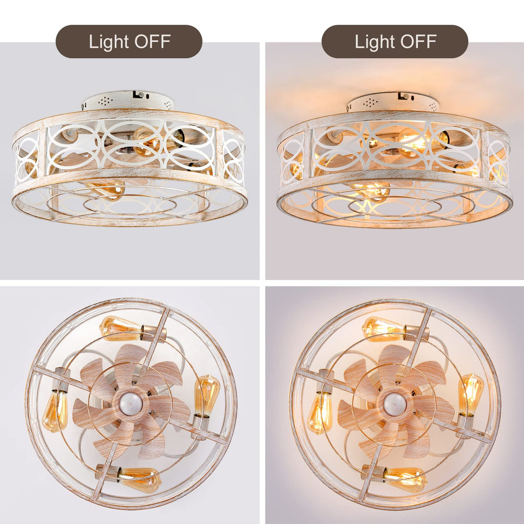 20" Boho Rattan Caged Ceiling Fan with Light,Low Profile Flush Mount Bladeless Ceiling Fan with Remote Control, 6 Speeds Reversible Silent Motor, Farmhouse Fabric Fandalier for Bedroom,Living Room