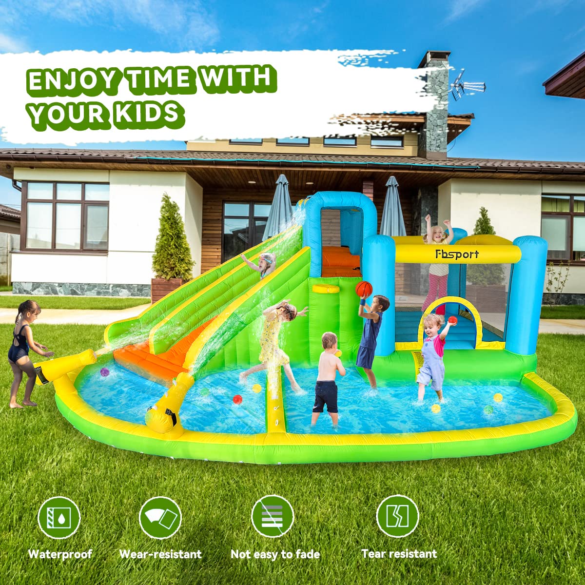 FBSPORT Inflatable Bounce House Double Slide,Water Slide Park Bounce House with Ball Pit,Water Cannon, Climbing Wall, Kids Bouncy Castle with 550W Air Blower for Backyard, Outdoor, Indoor