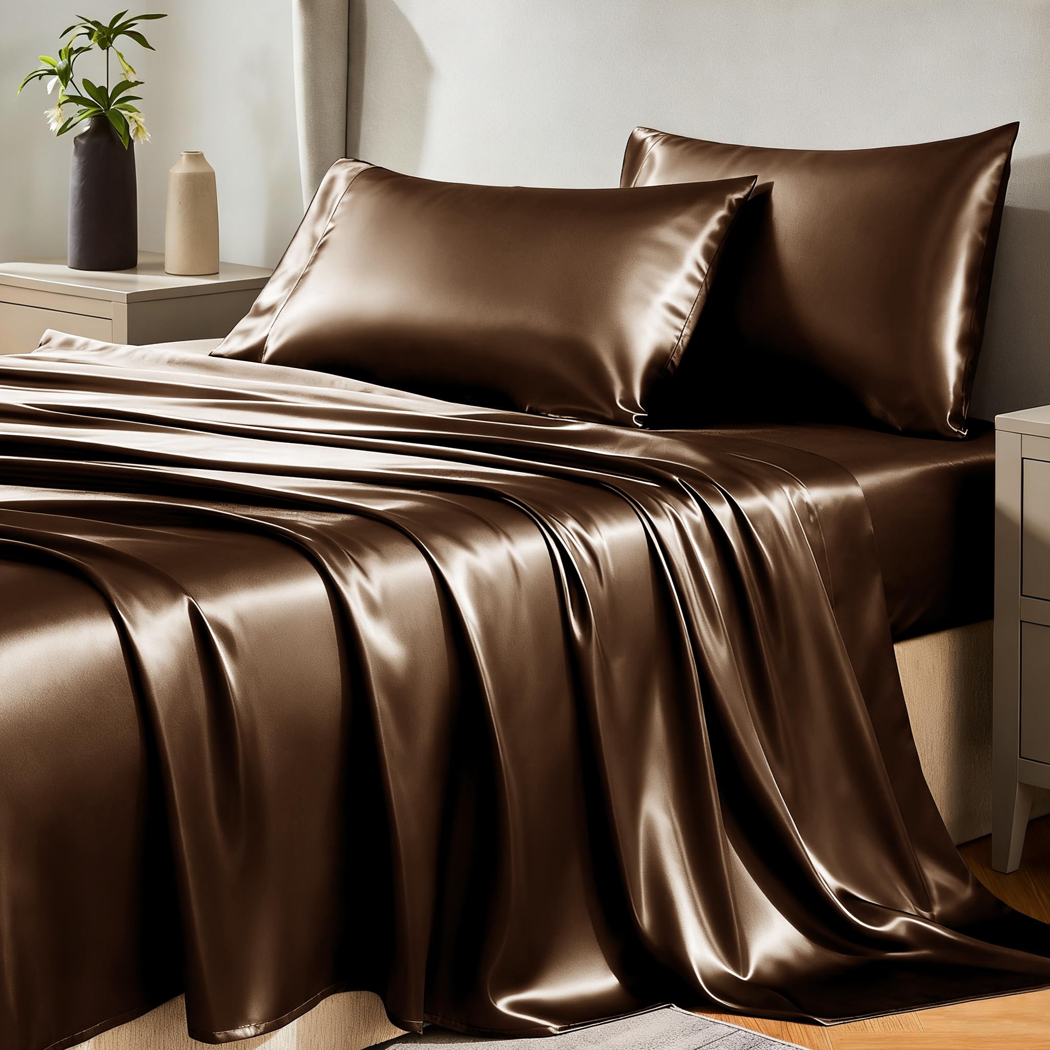 CozyLux Satin Sheets Twin Sheet Set - Silky Soft Bedding Similar to Silk, 3 Piece Sheets for Hair and Skin, Deep Pocket with All-Around Elastic, Home Decor for Bedroom, Black