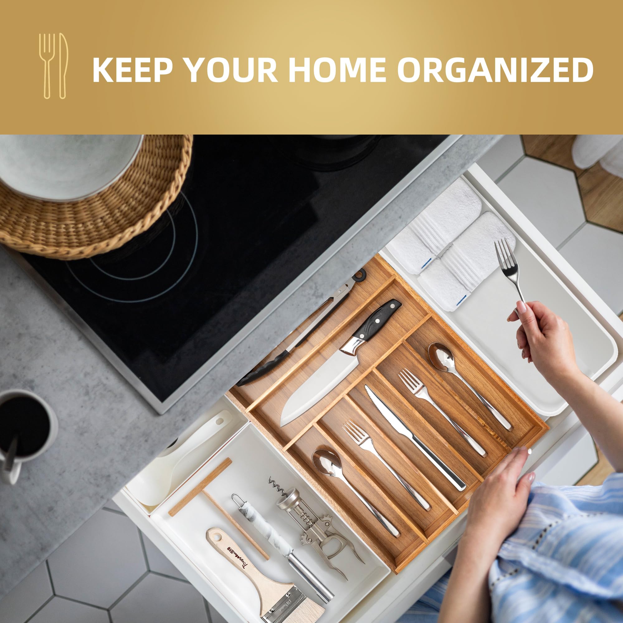 Acacia 4 Slot Silverware Drawer Organizer - Cutlery Holder with Flatware Tray