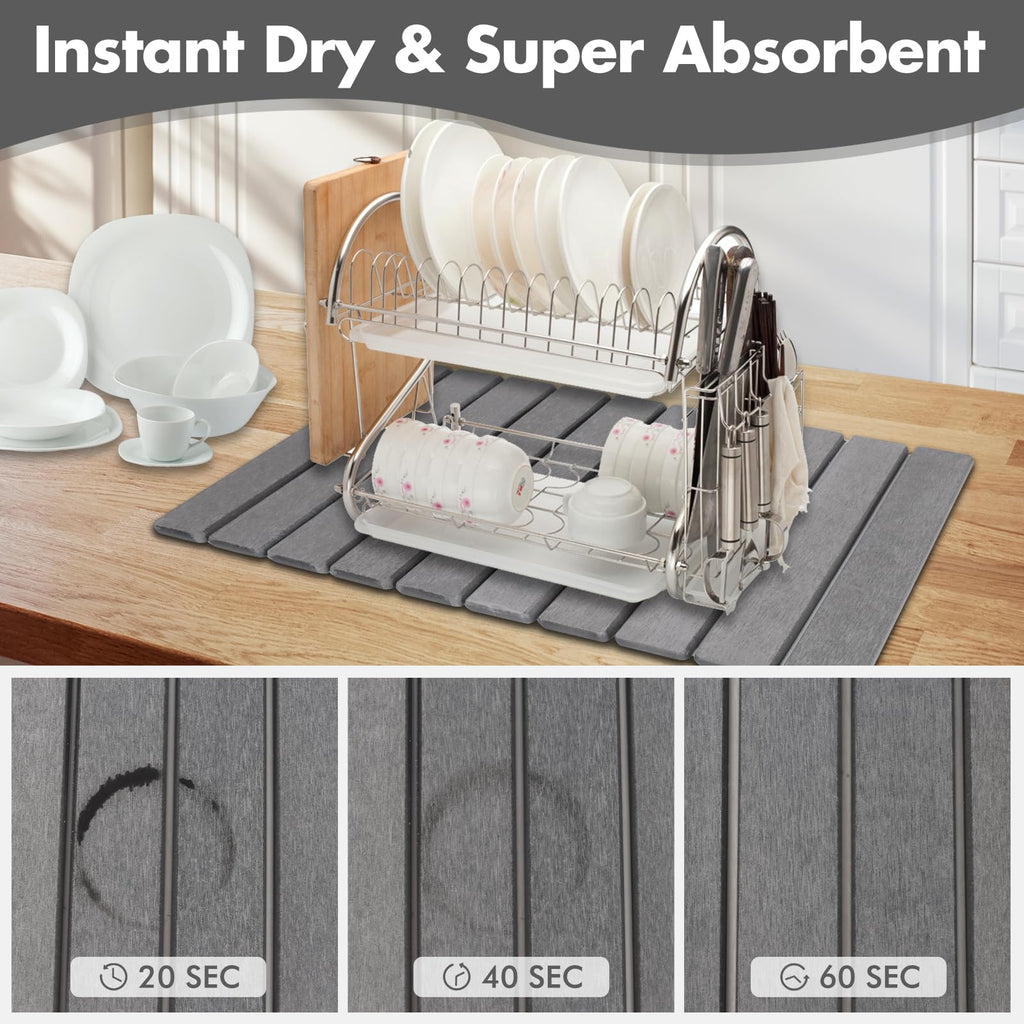 Stone Dish Drying Mat for Kitchen Counter, Eco-friendly, Instant Drying Pad,Diatomaceous Earth Water Absorbing Mat, Foldable and Super Absorbent Dish Drying Stone Mat, 16"×12", Dark Gray