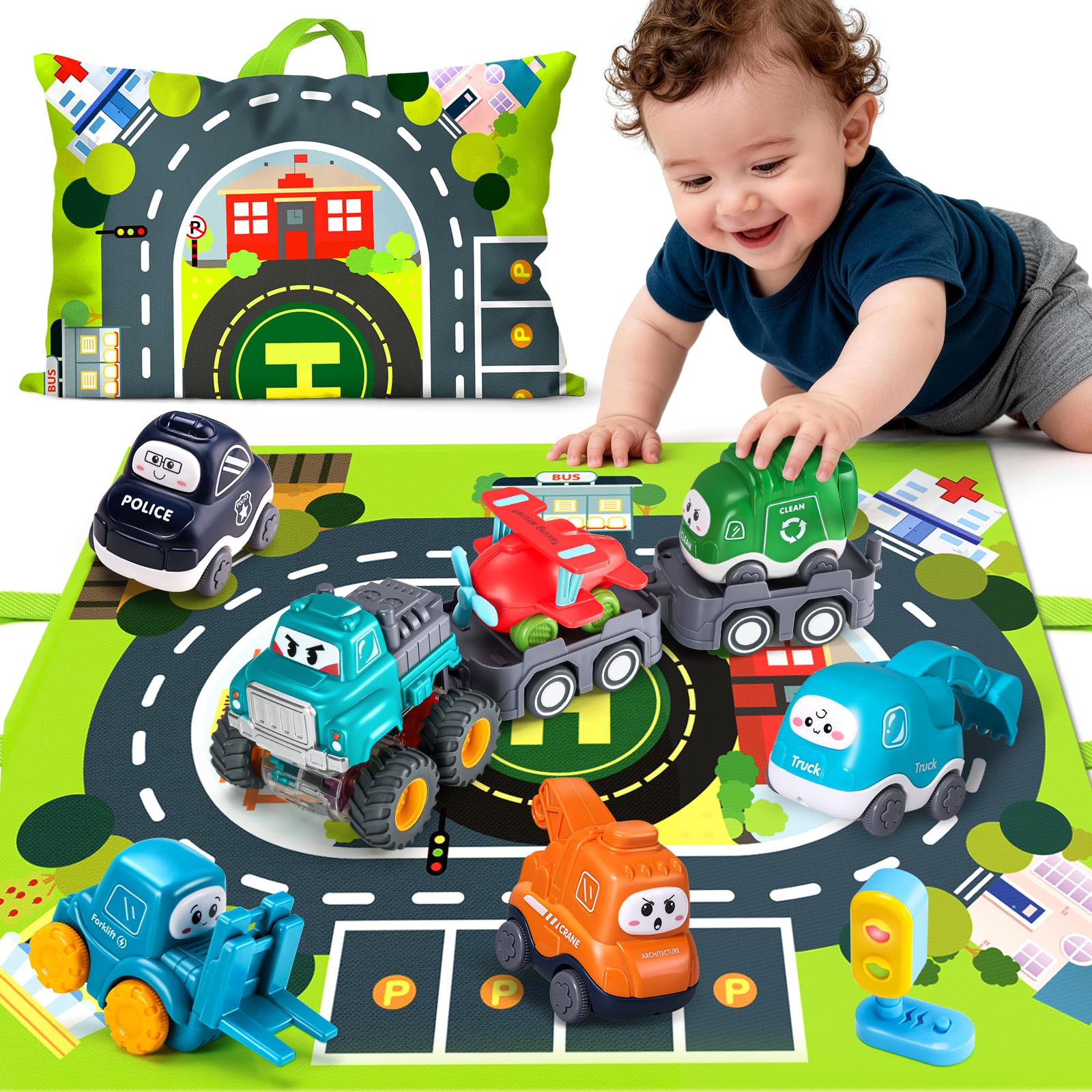 Big Cartoon Truck Car Toys for 1 Year Old Boy with Playmat/Storage Bag|Baby and Toddler Toys 12-18 Months & Age 1-2|1st Birthday Gift for Baby Toys 1 Year Old