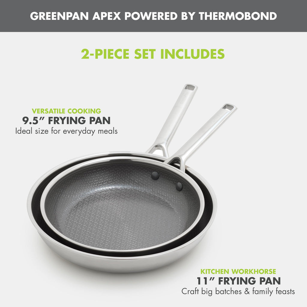 GreenPan Hybrid 9.5” & 11” Nonstick Stainless Steel Frying Pan Set, APEX Tri-Ply Thermobond PFAS-Free Ceramic Skillets, Induction & All Cooktop Compatible, Oven Temp to 850°F, Dishwasher Safe, Gold