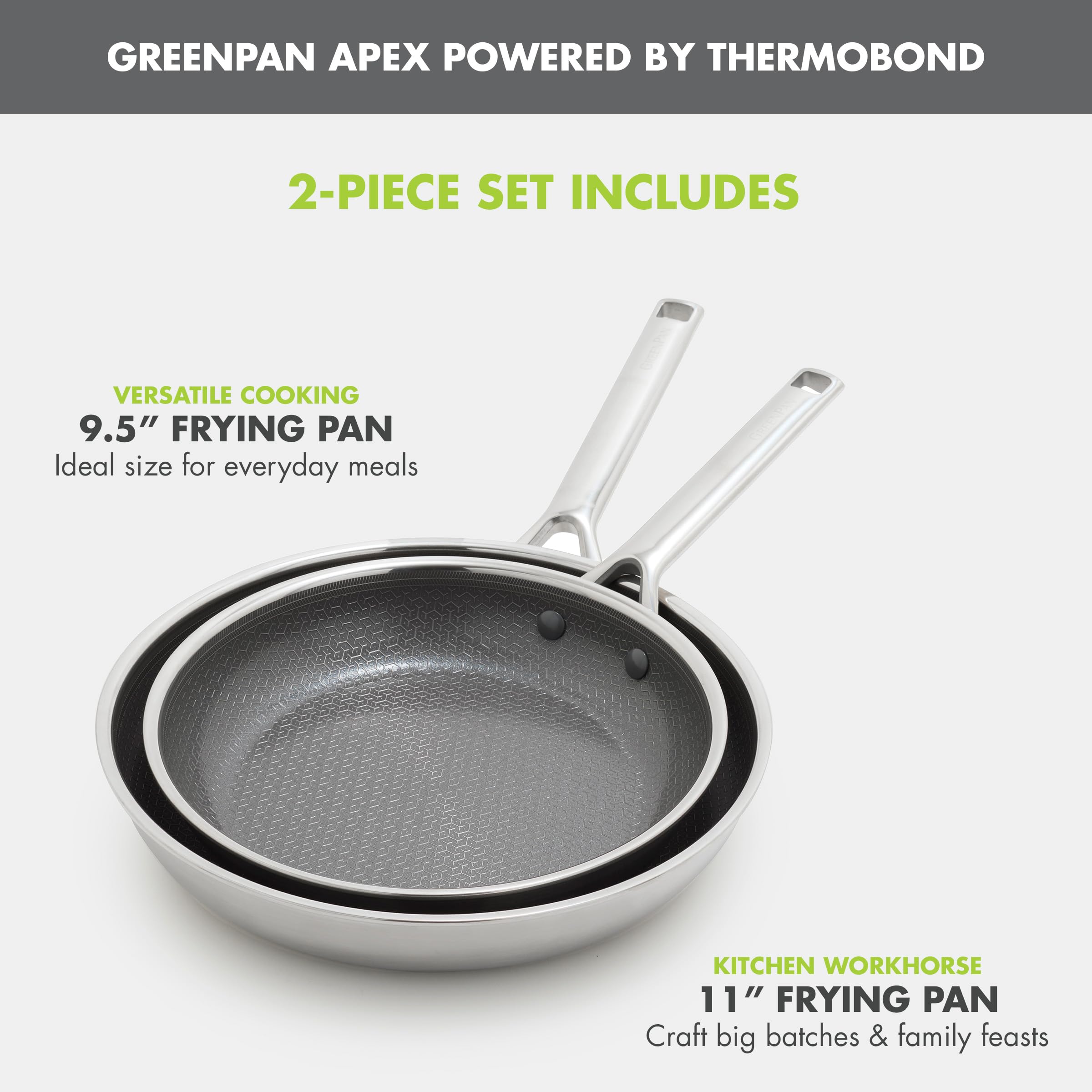 GreenPan Hybrid 9.5” & 11” Nonstick Stainless Steel Frying Pan Set, APEX Tri-Ply Thermobond PFAS-Free Ceramic Skillets, Induction & All Cooktop Compatible, Oven Temp to 850°F, Dishwasher Safe, Gold