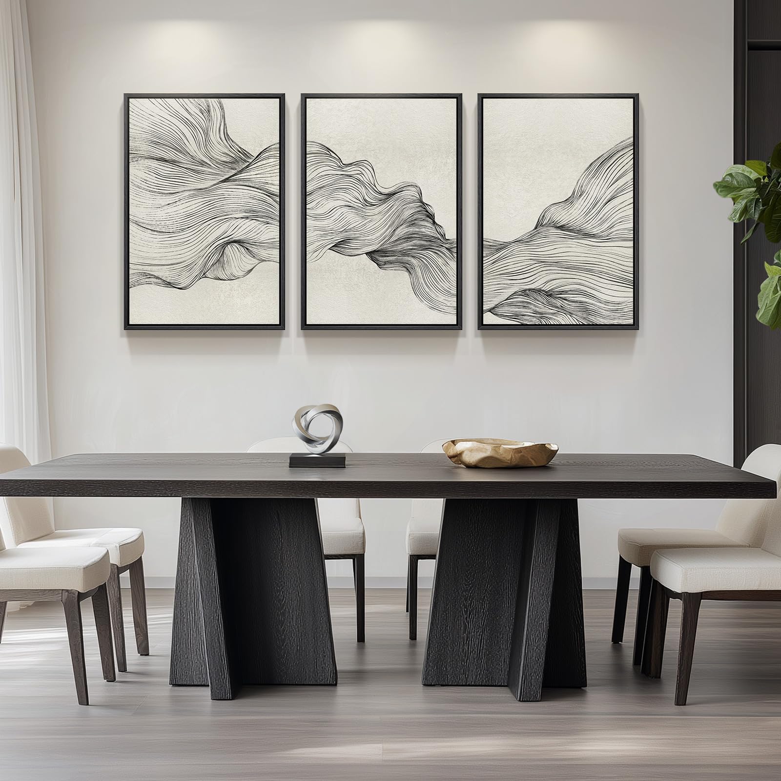 Framed Black and White Modern Abstract Wall Art, 3 Piece Canvas Prints Paintings Artwork for Walls, Minimalist Black White Grey Pictures for Living Room Dining Room Bedroom Office Wall Decor 16x24 In