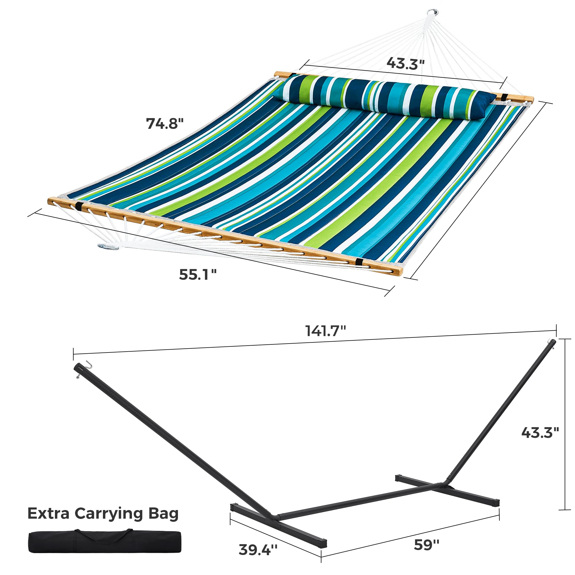 SUPERJARE Hammock with Stand, 2 Person Quilted Outdoor Hammock, Detachable Pillow & Bamboo Spreaders, Portable Hammock with Carrying Bag, Heavy Duty Stand, Perfect for Outside, Patio, Aqua Blue
