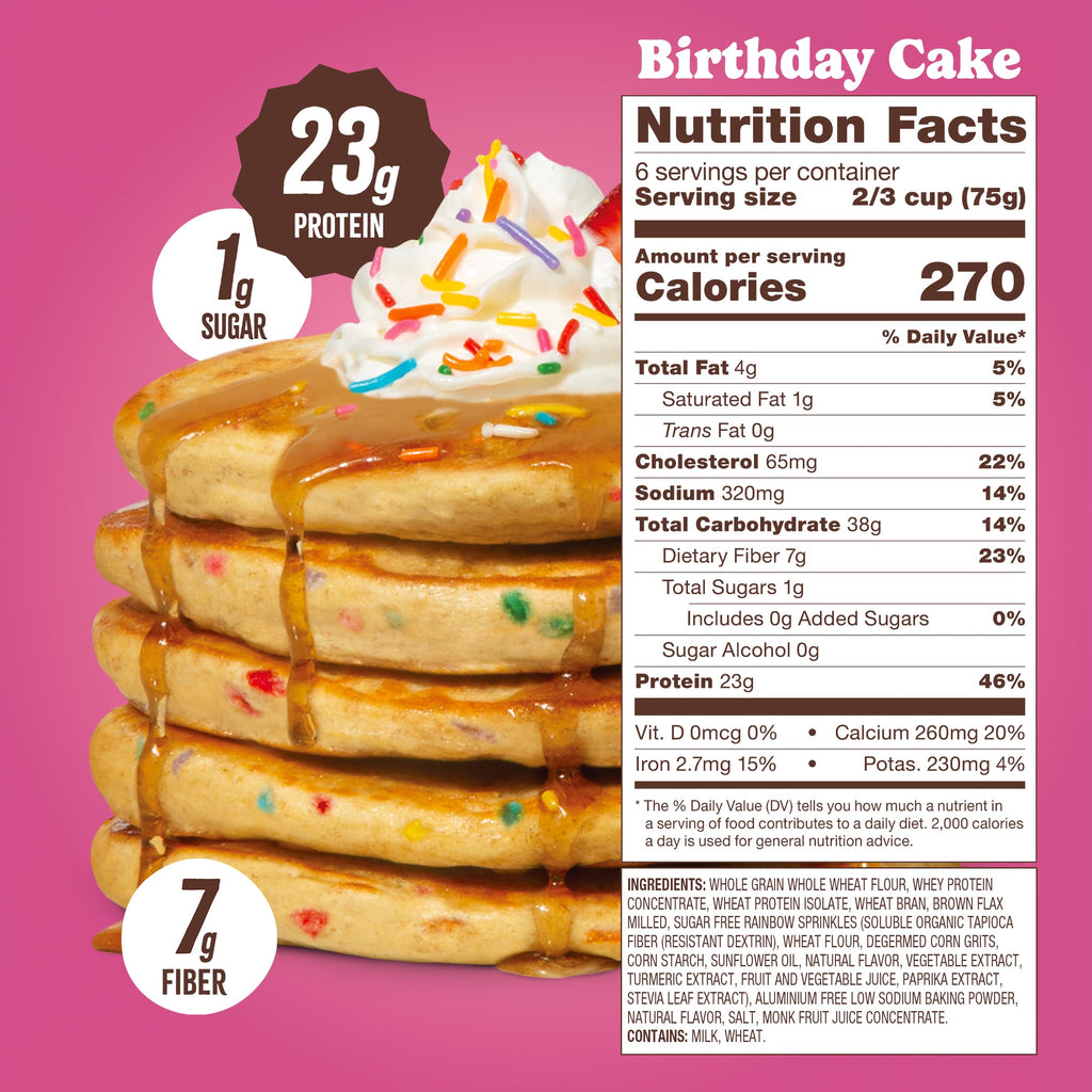 Flourish Protein Pancake & Waffle Mix, with Whey Protein & Flax Seed, No Added Sugar, High in Protein & Fiber - Just Add Water - Birthday Cake Flavour 16oz (2 pack)