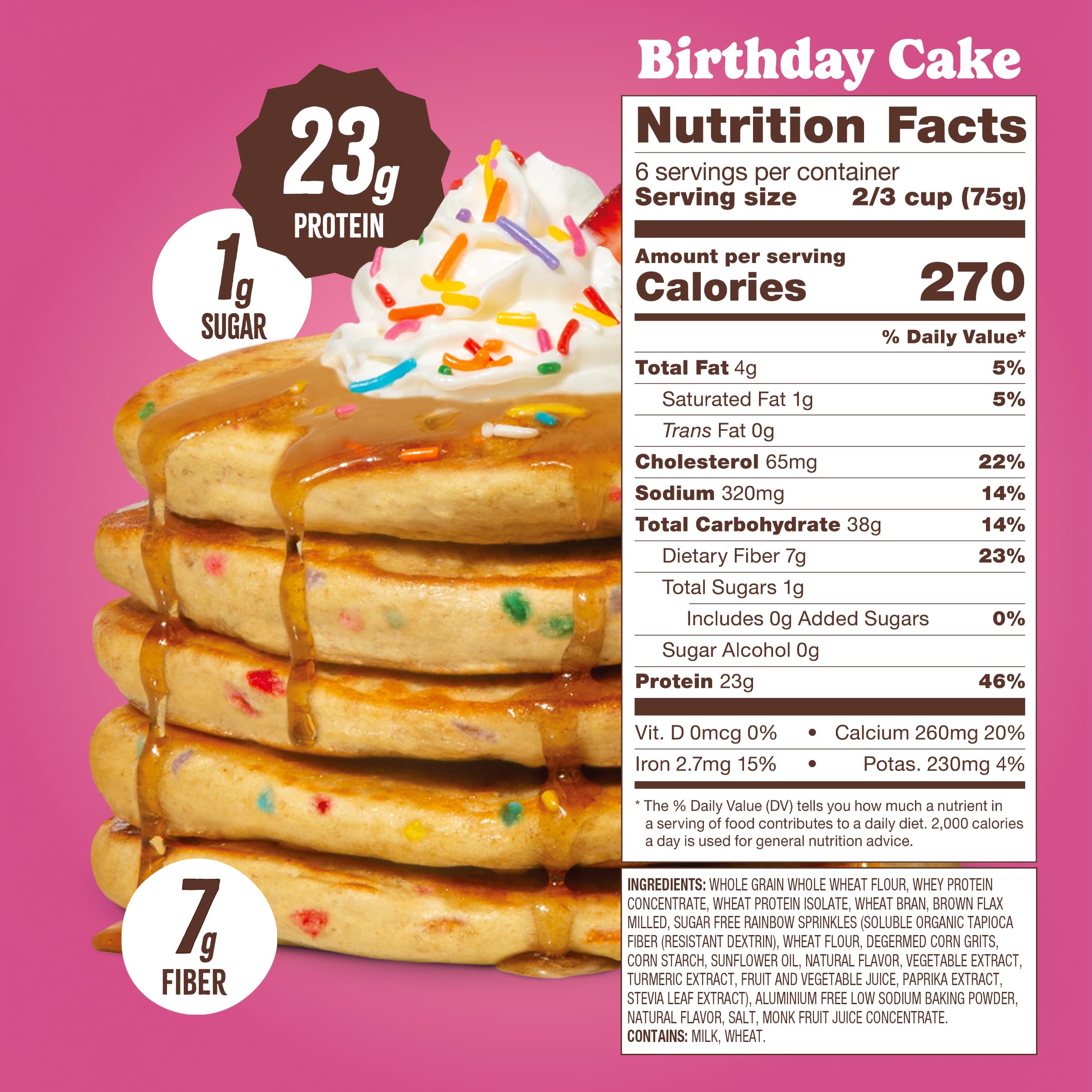 Flourish Protein Pancake & Waffle Mix, with Whey Protein & Flax Seed, No Added Sugar, High in Protein & Fiber - Just Add Water - Birthday Cake Flavour 16oz (2 pack)