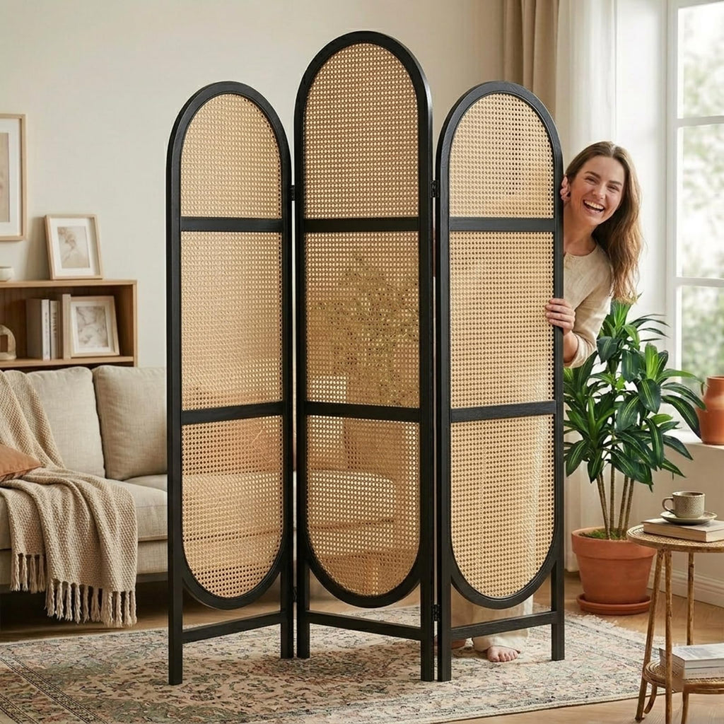 Hand-Woven Rattan Room Divider 3 Panels, 5.9 Ft Tall Wood Room Divider Panel, Partition Screen Divider Wall, Folding Privacy Screen, Wall Divider for Room Separation Home Office - Black