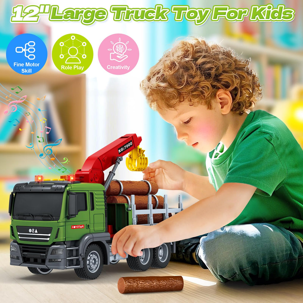 Bstoyder Kids Toys for 3 4 5 6 7 8 Years Old Boys, 15" Crane Truck Toy with Lights, Sounds, Toddler Friction Powered Truck Vehicle Toy for Boys Girls Birthday Gifts