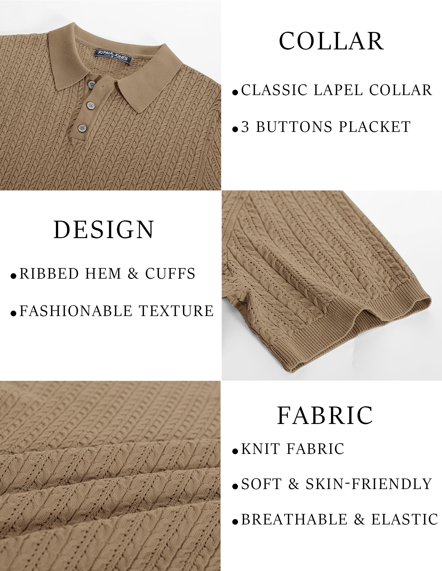PJ PAUL JONES Mens Knit Polo Shirt Short Sleeve Hollow Out Knit Shirt Texture Knitted Polo