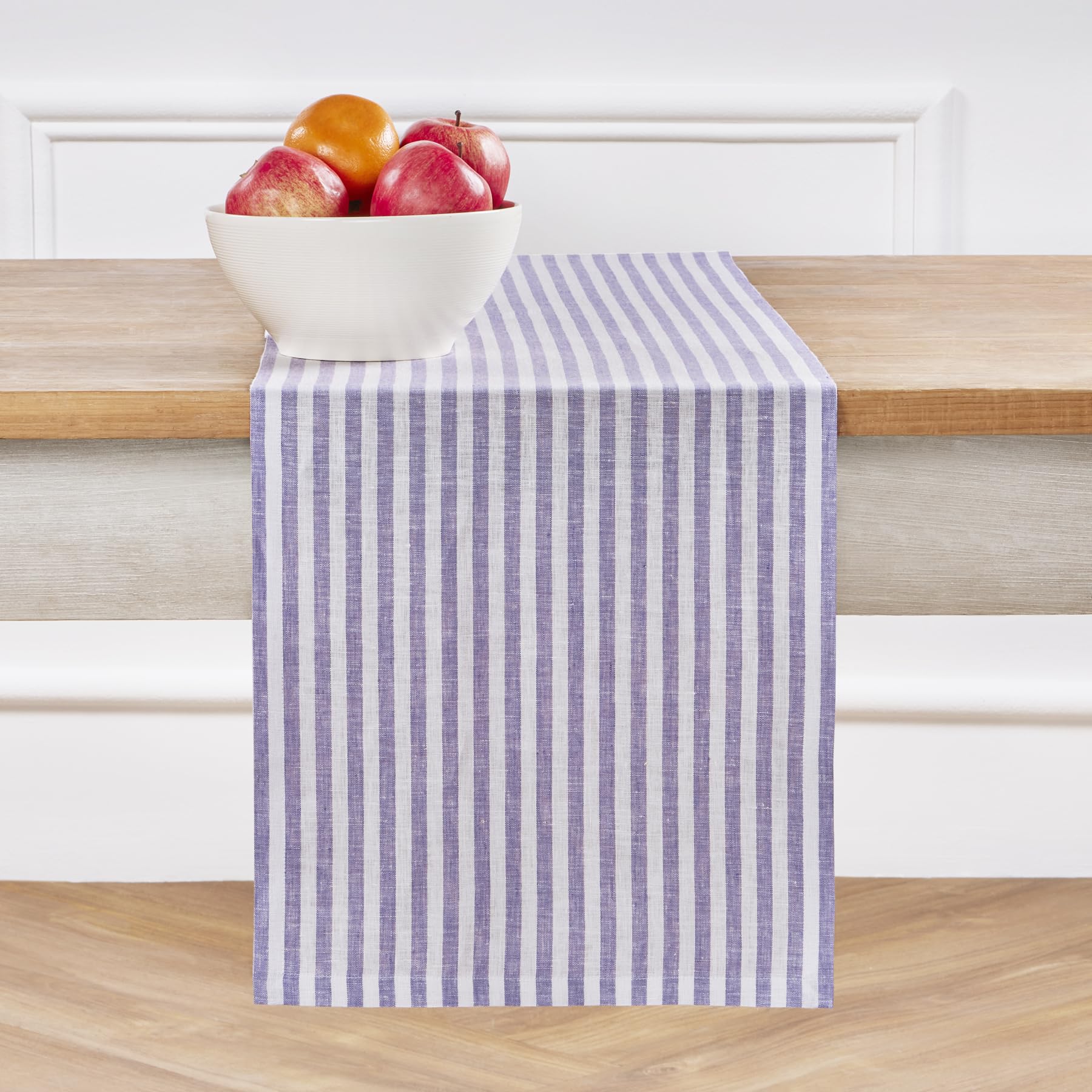 Solino Home Linen Table Runner 36 Inches - Amalfi Stripe 100% Pure Linen Natural and White Table Runner 14 x 36 Inch Ideal for Dresser and Coffee Tables - Summer