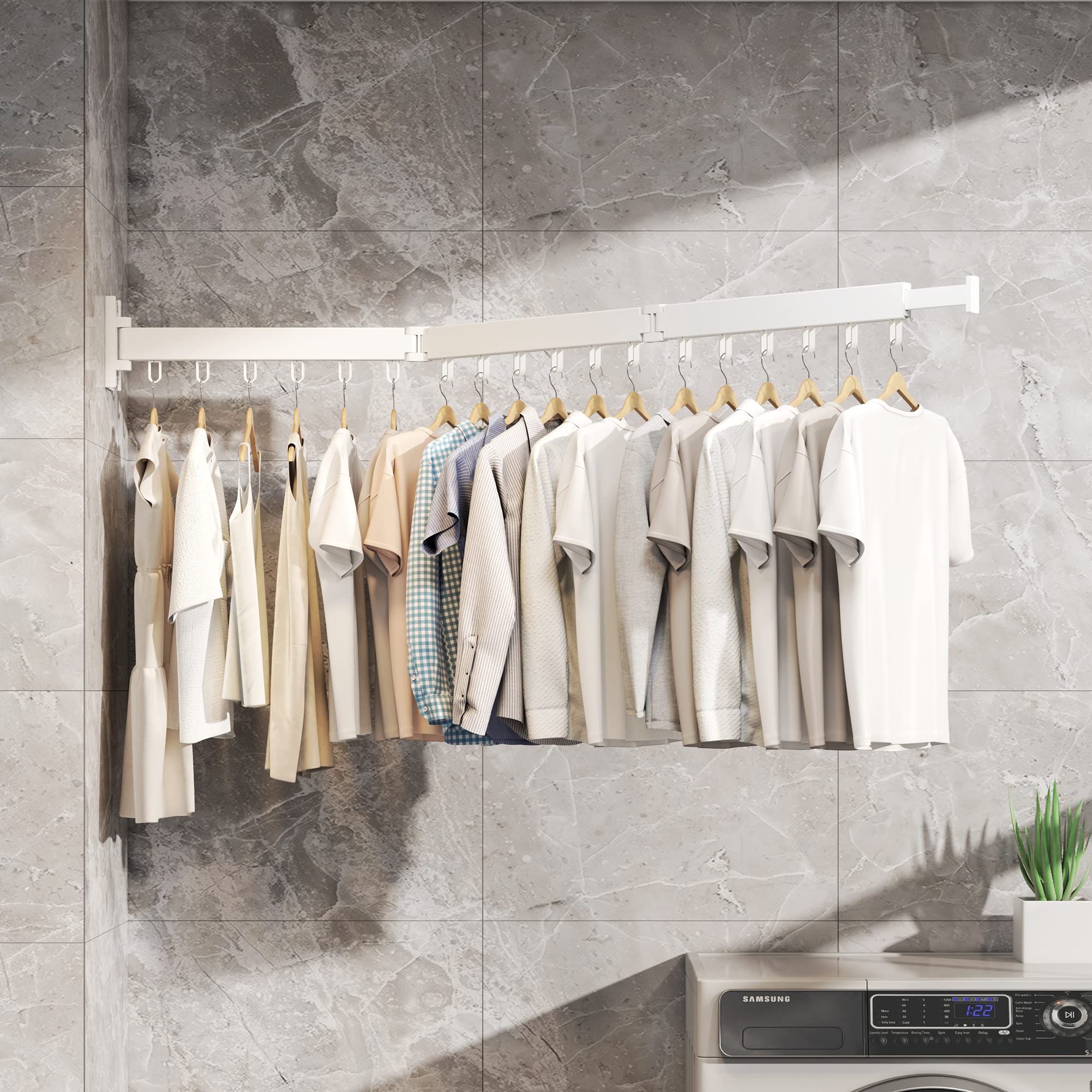 HEILAIYI Clothes Drying Rack for Laundry,Wall Mounted Clothes Hanger Rack,Folding,Retractable,Collapsible(J Shape Hooks)