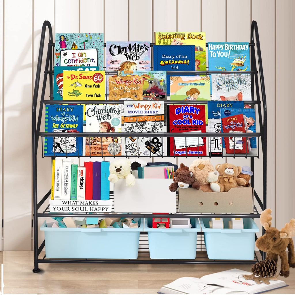aboxoo Metal Kids Bookshelf Black Large Freestanding for Children Room 32 in Toy Organizer Large Stable Bookcase Bookstore Library Book Unit Storage Kids Bed Living Room