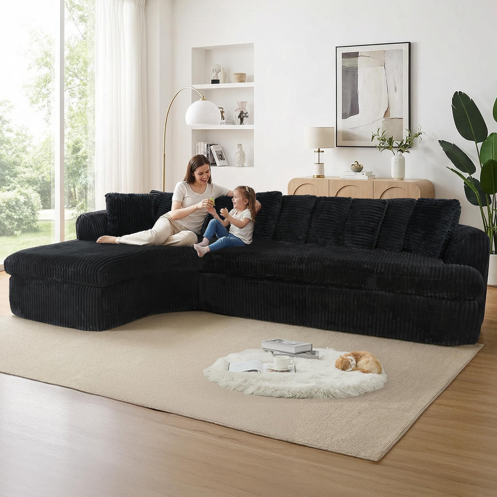 129'' Cloud Sectional Couches for Living Room, Oversized L Shaped Couch, Curved Boneless Sofa, Corduroy Upholstered Corner Sofa, Black