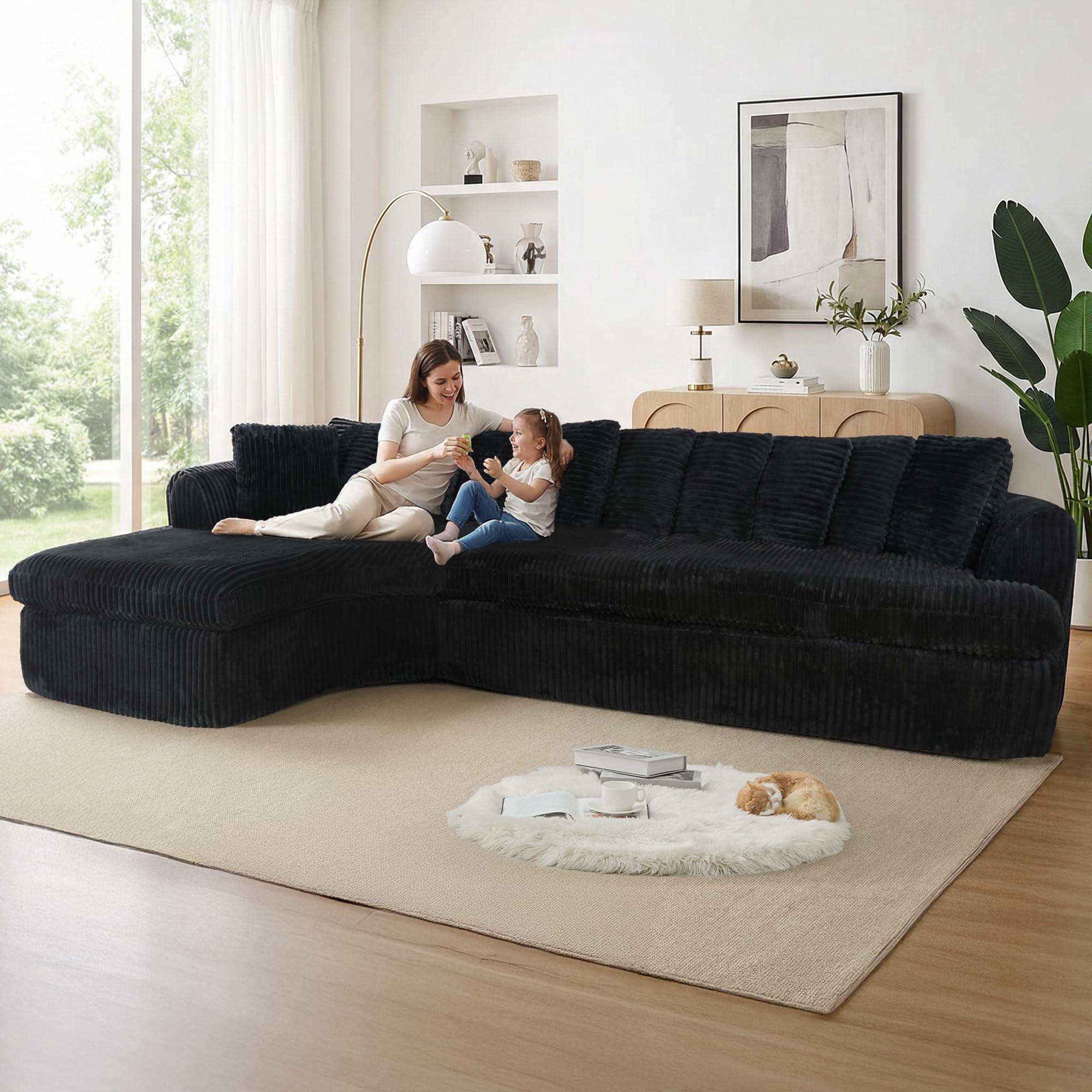 129'' Cloud Sectional Couches for Living Room, Oversized L Shaped Couch, Curved Boneless Sofa, Corduroy Upholstered Corner Sofa, Black