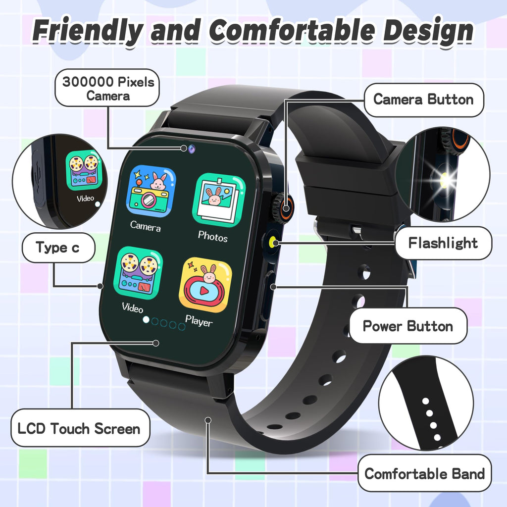 Kids Smart Watch Boys, Kids Game Smart Watch with 32 Games HD Touch Screen Video Camera Music Player Audiobooks Pedometer Flashlight Alarm Clock 12/24 hr, Toys Gift for 3-12 Years Old Boys Girls