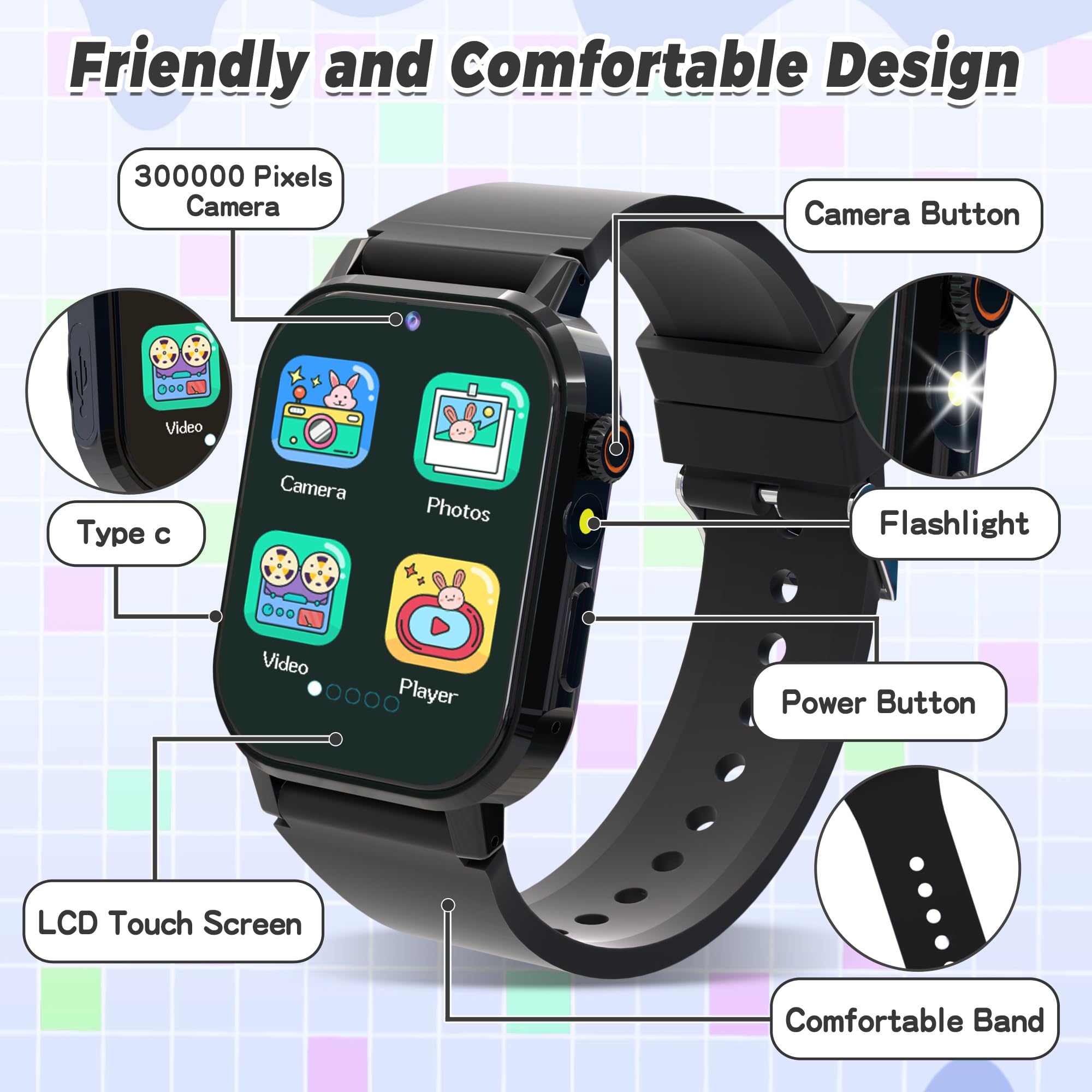 Kids Smart Watch Boys, Kids Game Smart Watch with 32 Games HD Touch Screen Video Camera Music Player Audiobooks Pedometer Flashlight Alarm Clock 12/24 hr, Toys Gift for 3-12 Years Old Boys Girls