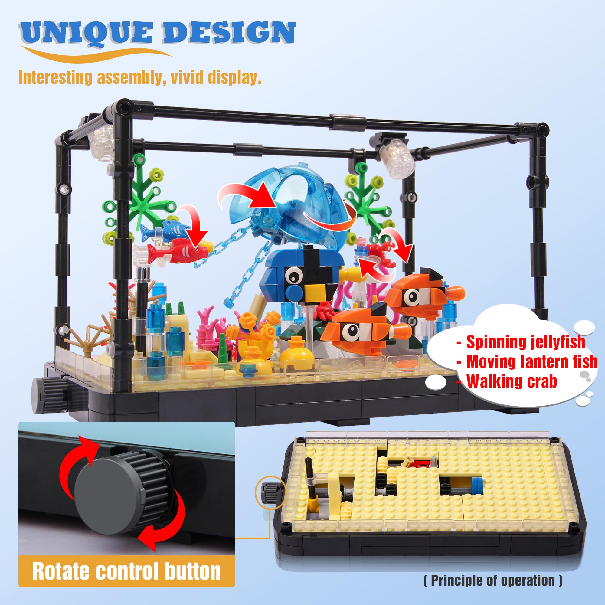 Jorumo Fish Tank Building Block, Lighting Aquarium Building Sets for Adults and Kids Including Ocean Jellyfish, Dolphin, Turtle, Crab, Animal Building Toys for Boys Age 12+, 725pcs