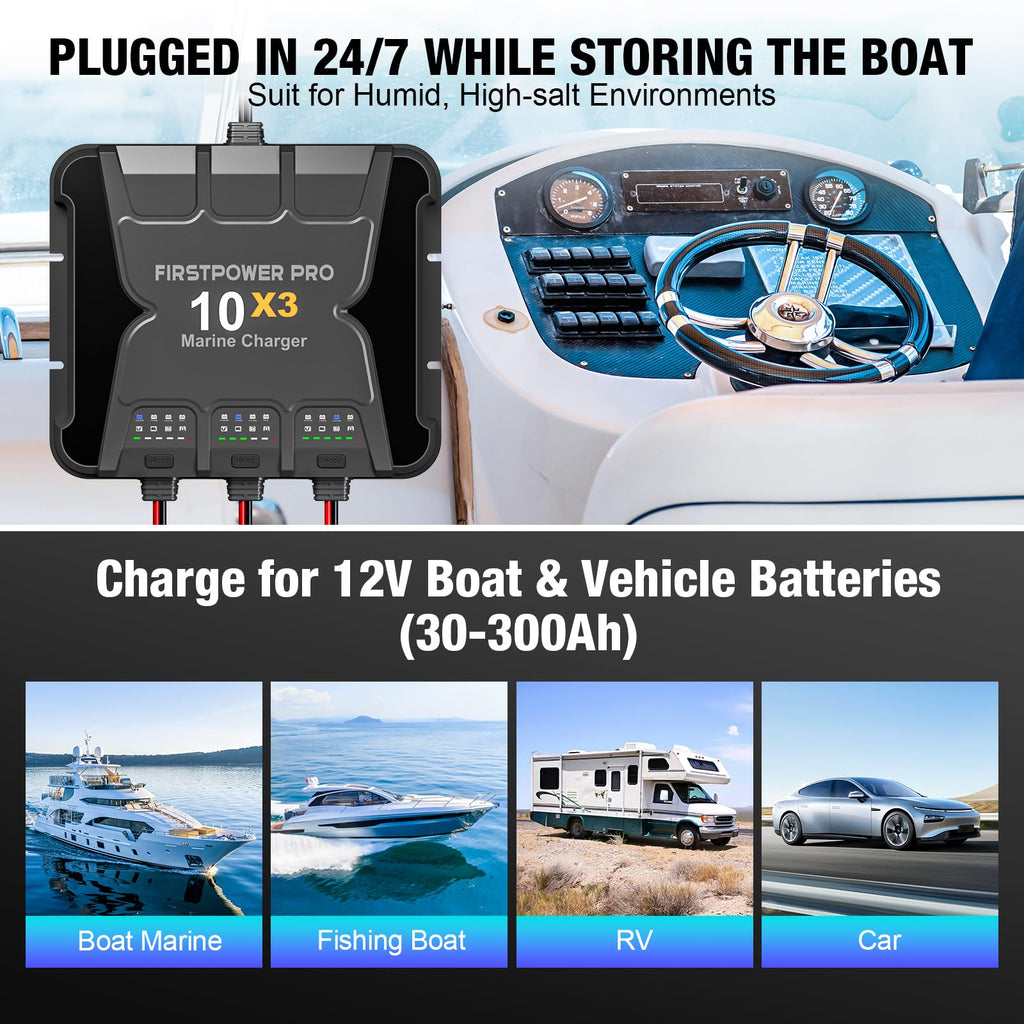 Marine Battery Charger 5X1: 1-Bank, 5A Onboard Battery Charger - 5A Per Bank, 12V Waterproof Boat Batter Charger for SLA/AGM, Lithium, Calcium - Charged 24/7