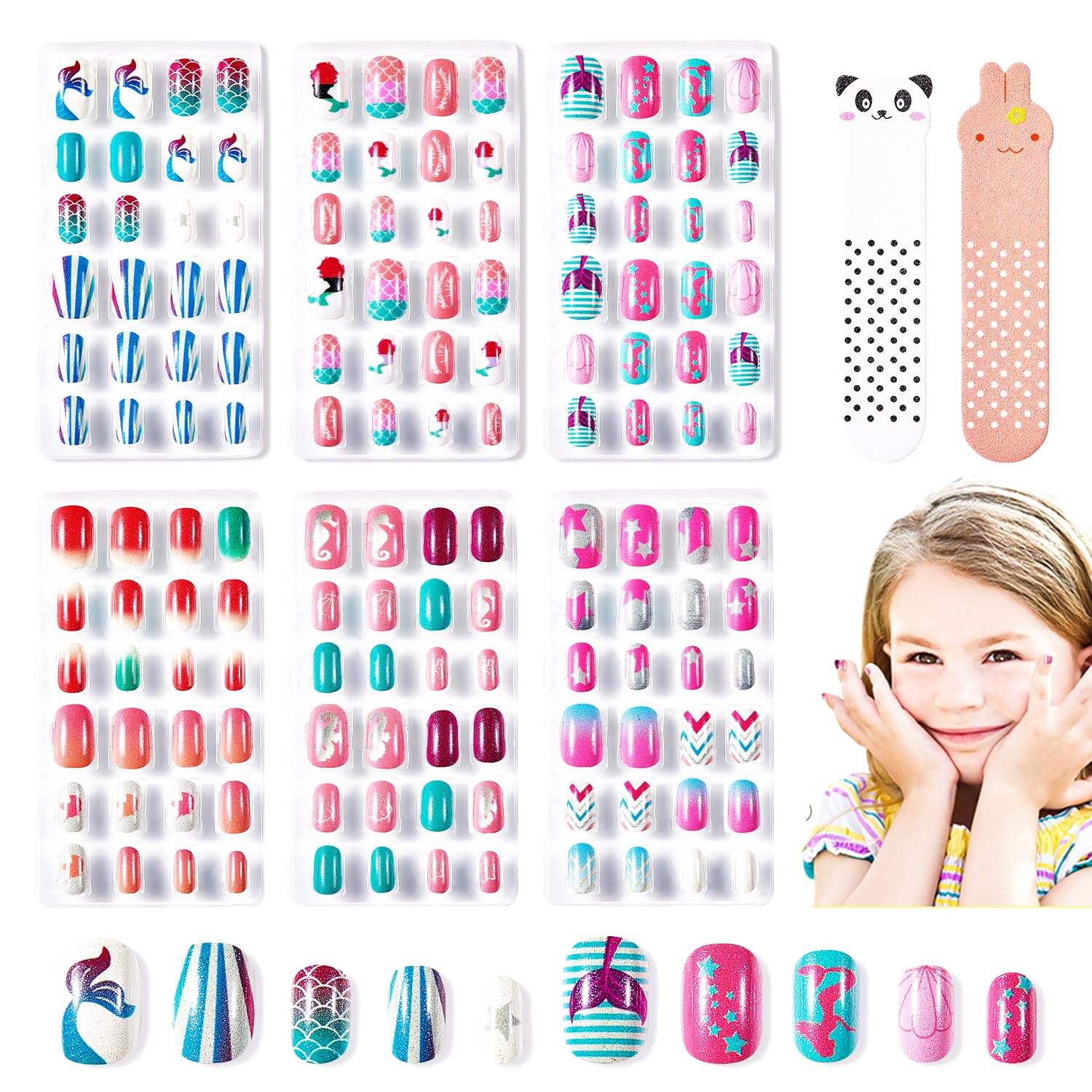 Modelones Press on Nails for Kids 144Pcs 6 Pack Children Acrylic Fake Nails Pre-glue Full Cover Glitter Gradient Color Heart Cat Short False Nail Art Kits Sets Christmas Gifts for Kids Girls