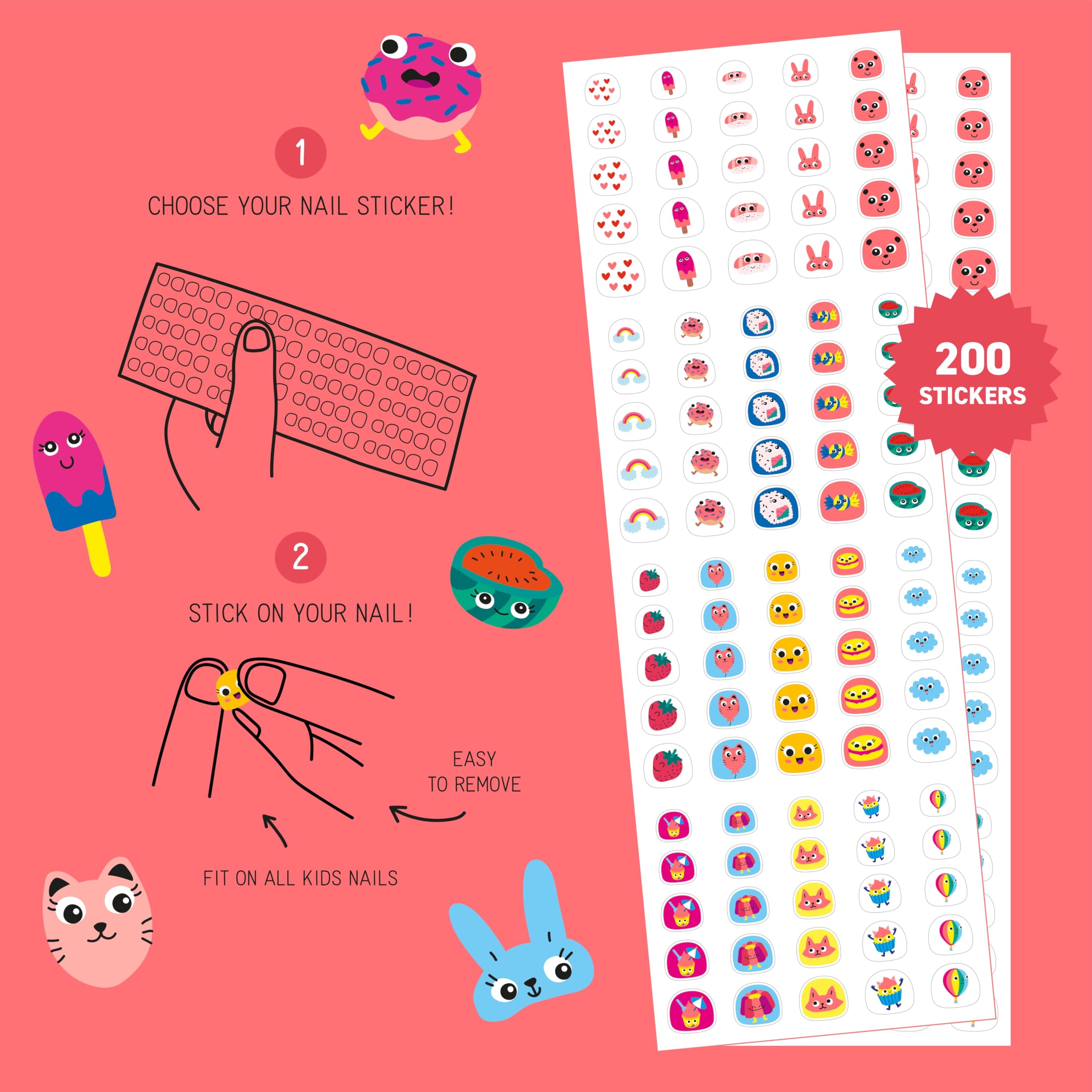 Omy Friends & Animals Nail Stickers for Kids - 200 Stickers, Waterproof, Durable, Fun, Creative Designs | Strong Enough to Last Through Hand Washing - Easy to Apply, Safe, Non-Toxic | Age 3 and Up