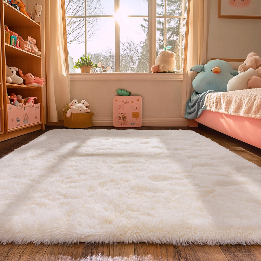 Beige Fluffy Rug for Bedroom 4x6ft - Ultra Soft & Non Slip Shaggy Area Rug, Comfy Durable Carpet for Living Room Kids Room Teens Dorm Home Decor, 1.7'' Thick Indoor Plush Carpets