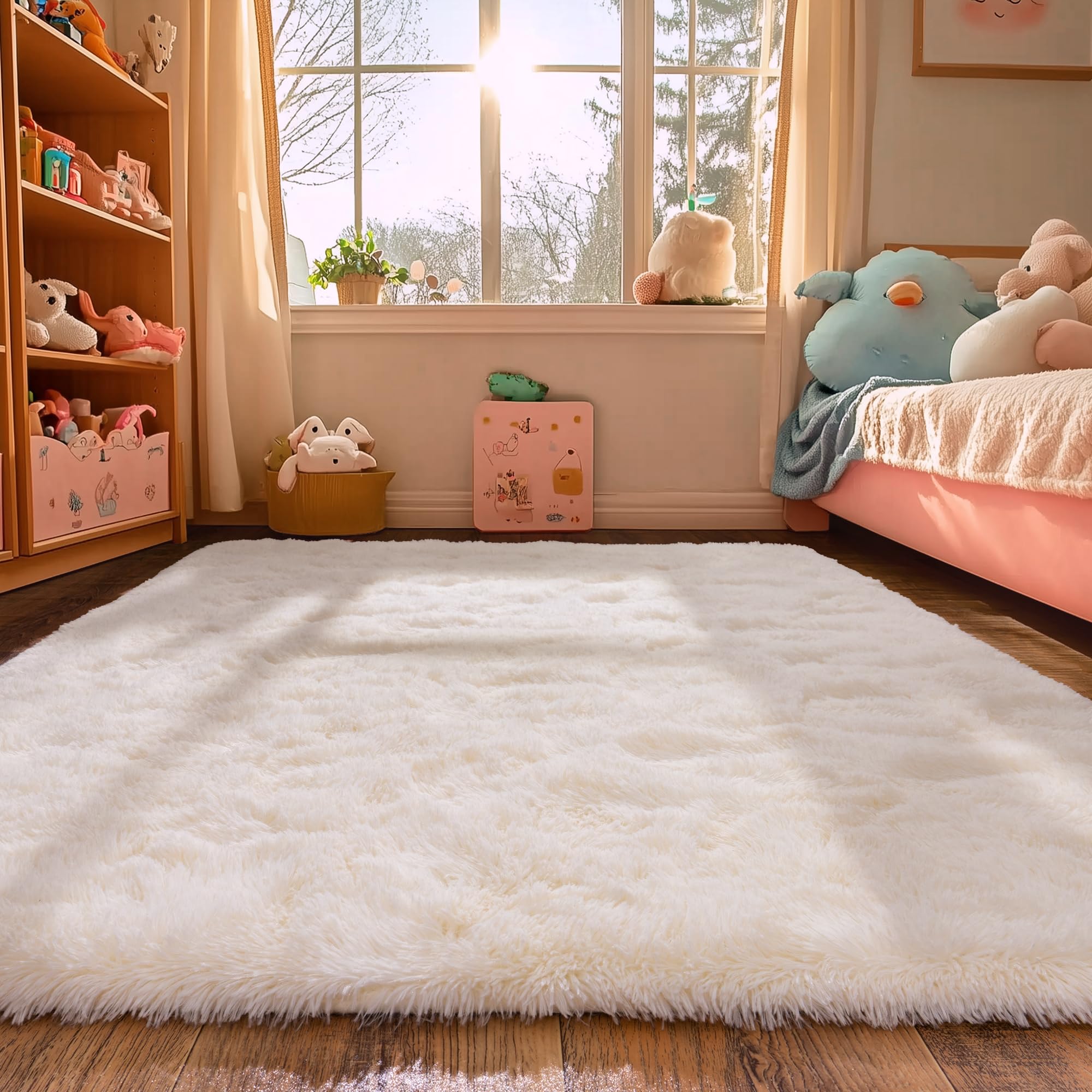 Beige Fluffy Rug for Bedroom 4x6ft - Ultra Soft & Non Slip Shaggy Area Rug, Comfy Durable Carpet for Living Room Kids Room Teens Dorm Home Decor, 1.7'' Thick Indoor Plush Carpets