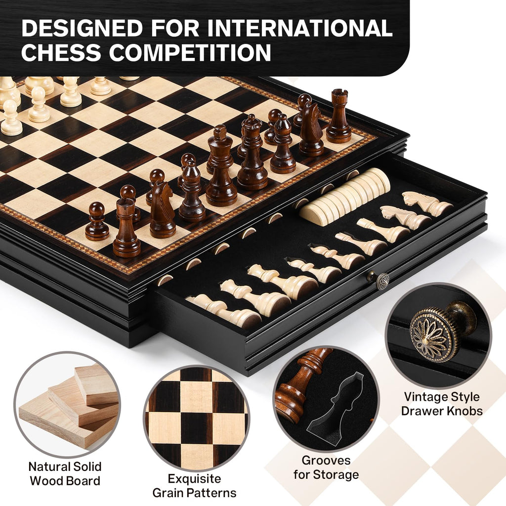 Peradix Magnetic Chess and Checkers Set with 2 Built-in Storage Drawers, Classic 2 in 1 Wooden Board Games, Magnetic Chess Pieces 2 Extra Queens, 12.8" Chess Set for Adults and Kids Gift Package