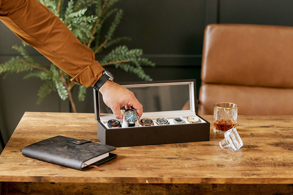 CASE ELEGANCE 6-Slot Solid Wood Watch Box for Men — Real Glass Display Top, Magnetic Closure & Pillow Stands | Watch Organizer Display Case | Gift for Him | Espresso