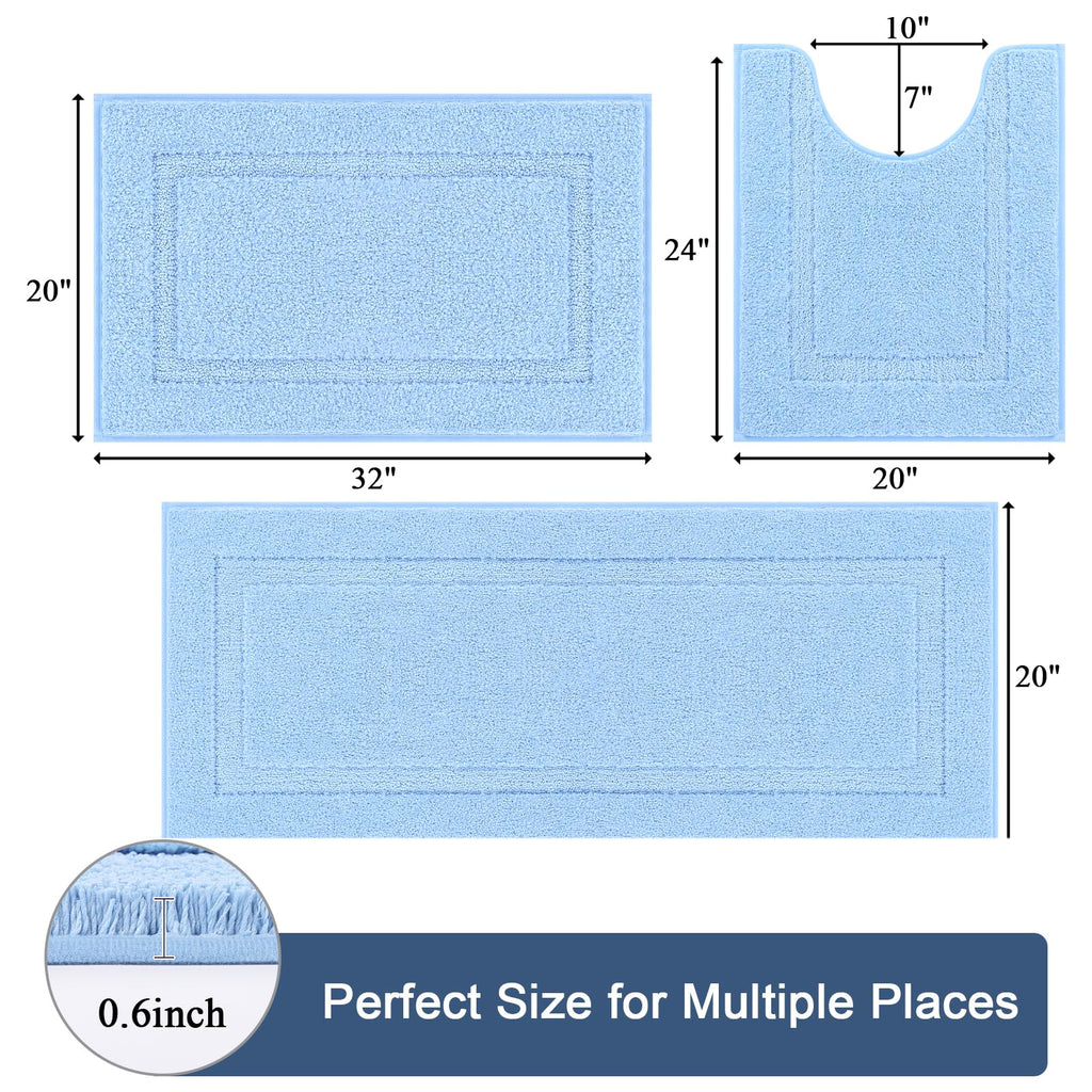 SHACOS Black Bathroom Rugs Sets 3 Piece, 16"x24" + 20"x32" Non Slip Bath Mat and 20"x24" Toilet Rugs U Shaped Washable, Soft Fluffy Water Absorbent Bath Rugs for Bathroom