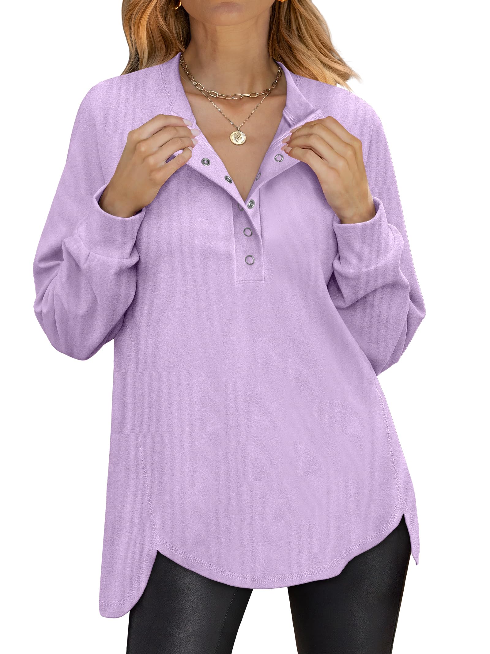 ANRABESS Women's Long Sleeve Henley Oversized Sweatshirts | Button Slit Hem Tunic Tops, Soft Loose Fit Pullover, School Work Office Outfits, Lounge Casual, Fall Winter Clothes