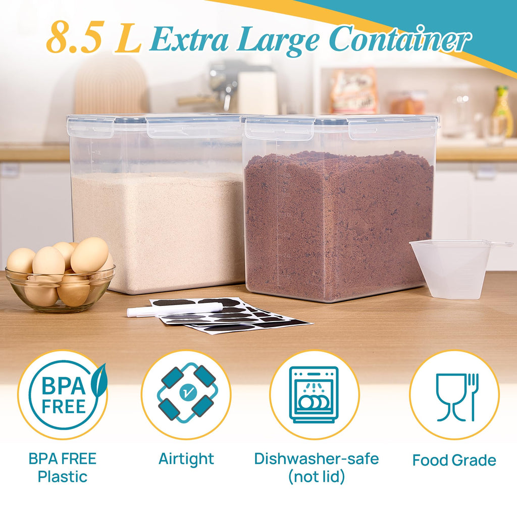 Vtopmart Food Storage Containers 2.5L / 84.5oz, 4 Pieces BPA Free Plastic Airtight Canister for Flour, Sugar, Baking Supplies, with 4 Measuring Cups and 24 Labels, Black