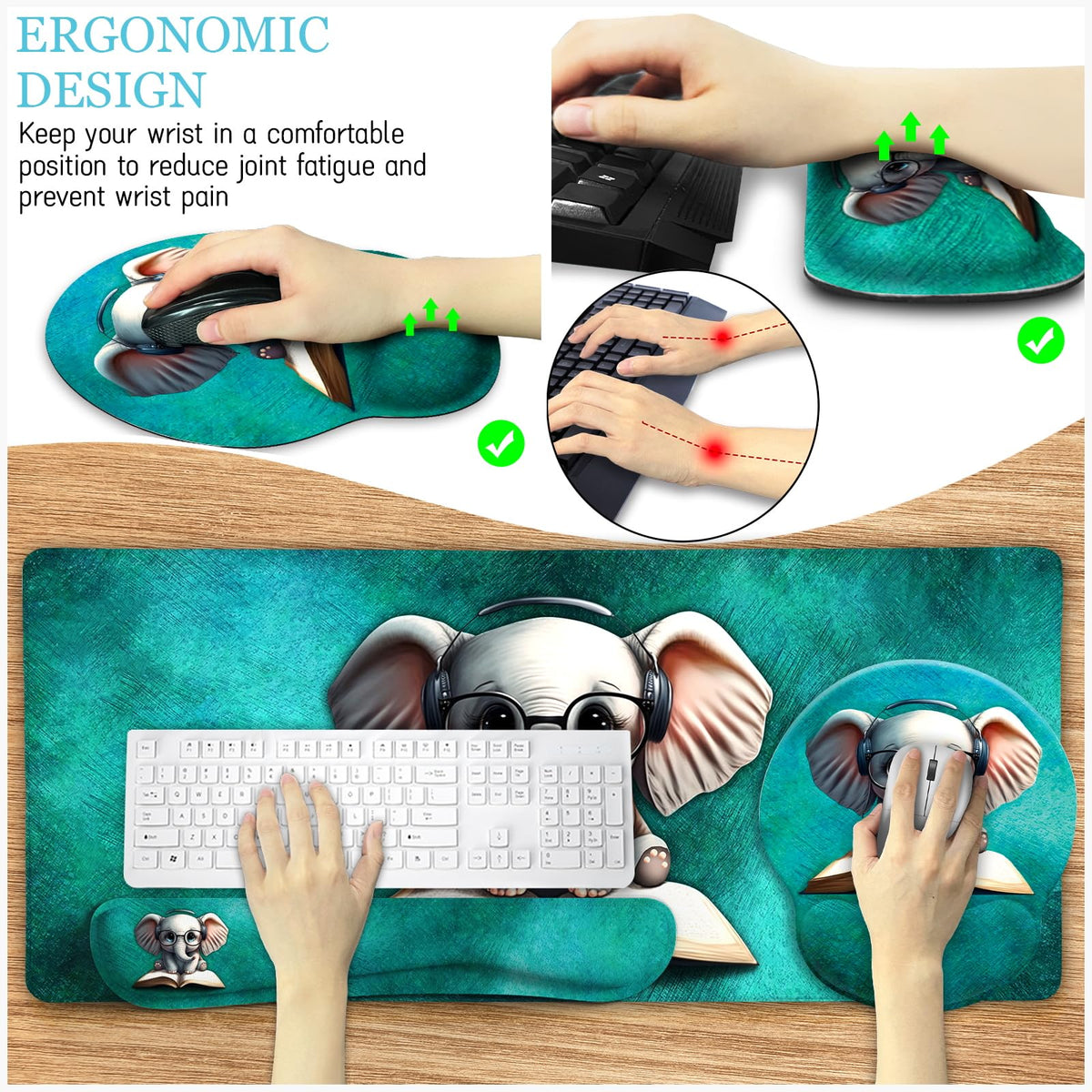 Black Striped Ergonomic Large Desk Mat Set with Wrist Rest