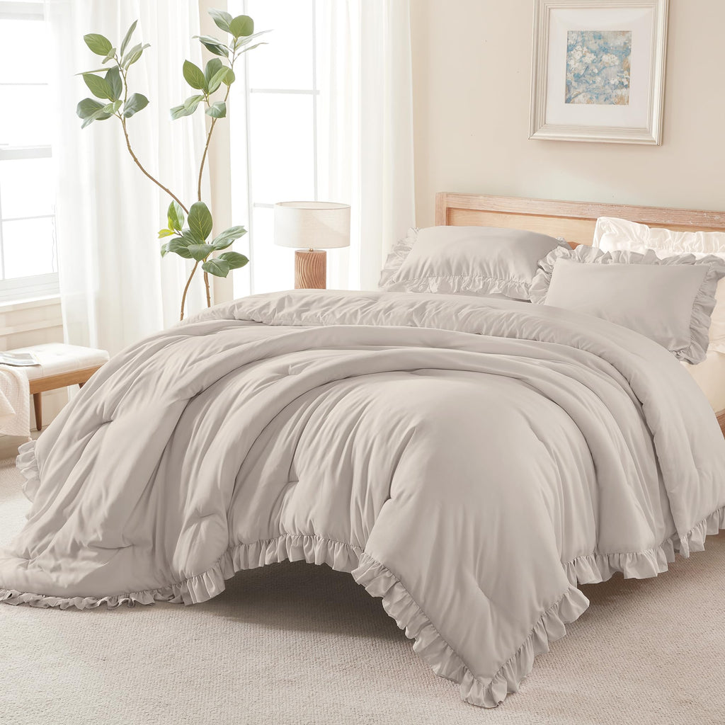 Andency Beige Twin Size Ruffle Comforter, 2 Pieces Farmhouse Shabby Classic Bed Set for Kids, Lighteweight Soft Polyester Bedding Set for Girls(1 Ruffle Comforter and 1 Pillowcase)