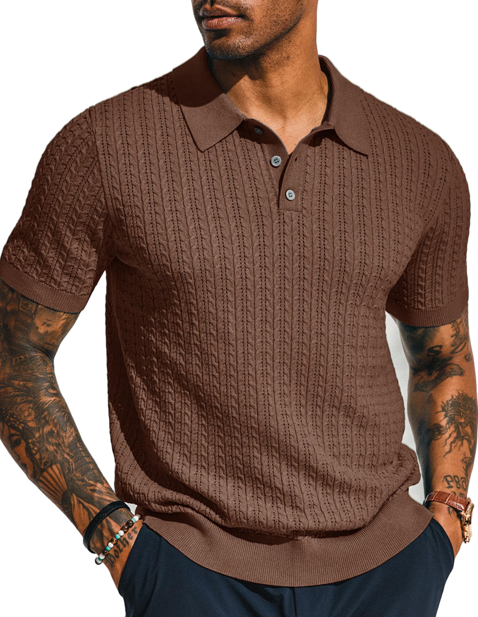 PJ PAUL JONES Mens Knit Polo Shirt Short Sleeve Hollow Out Knit Shirt Texture Knitted Polo