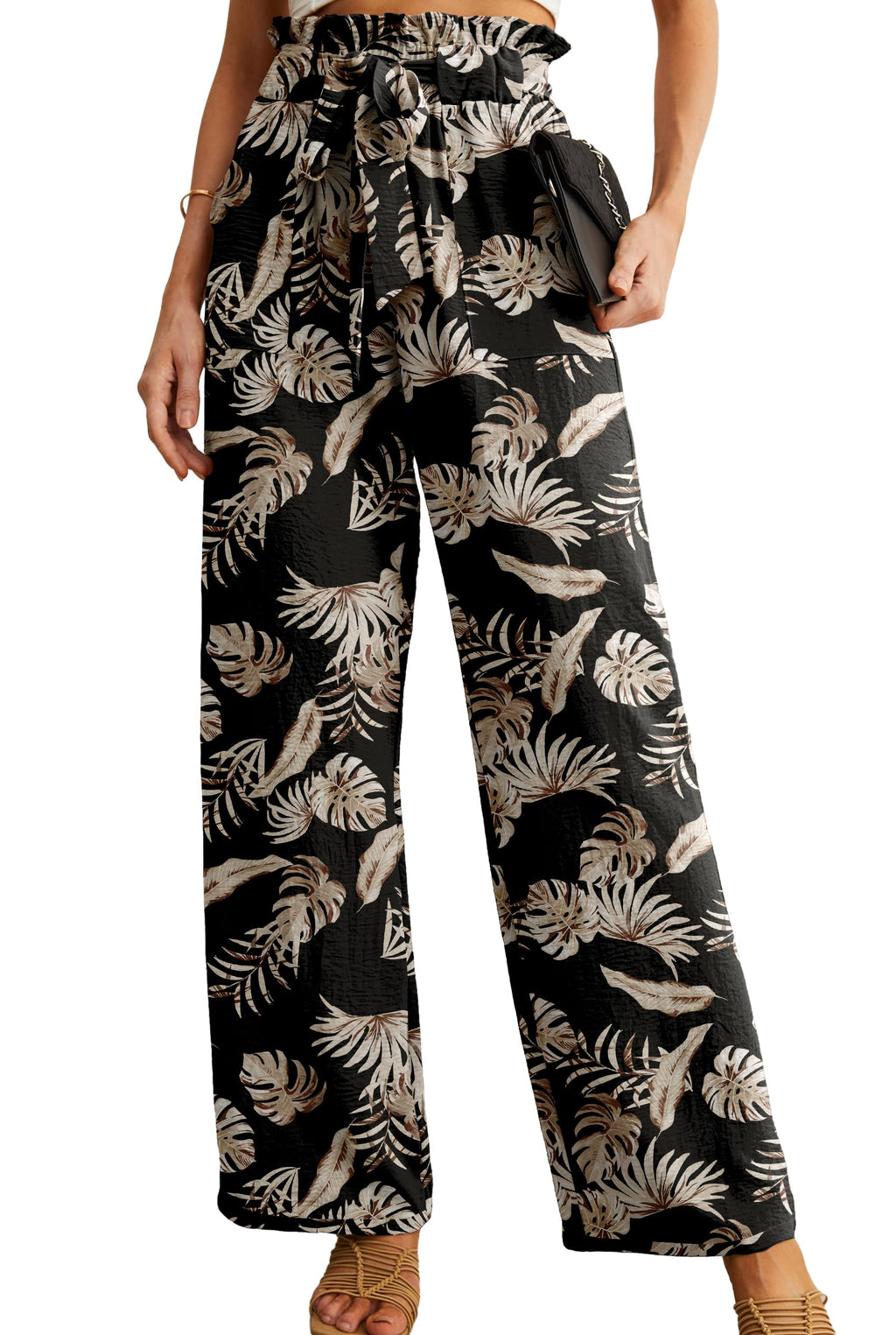 IWOLLENCE Women High Waist Palazzo Pants, Adjustable Knot Ankle Wide Leg Trousers Pockets Beach Vacation Lounge Office