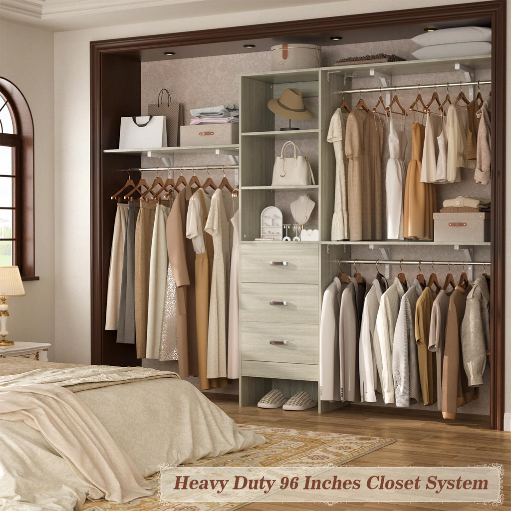 iSunirm 8FT Closet System, 96'' Closet Organizer System with 3 Hanging Rods, Wall Mount Bedroom Wardrobe with 3 Drawers Walk-in Closet, Adjustable Cloth Garment Rack from 5 to 8FT (Cut to Fit), Black