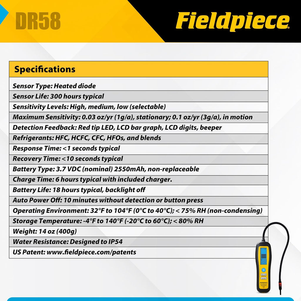 Fieldpiece - DR58 Heated Diode Refrigerant Leak Detector - Ultra-Sensitive Leak Sniffer with Large, Backlite LCD Screen - Lightweight HVAC Tool