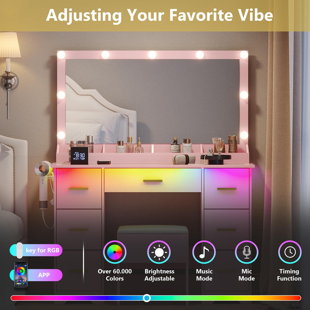 BORNOON 45” Fluted Makeup Vanity Desk with Mirror and Lights, Glass Top Dressing Table with 5 Drawers, LED Lighted Adjustable Cabinet, Trays & Charging Station for Bedroom Dressing Room
