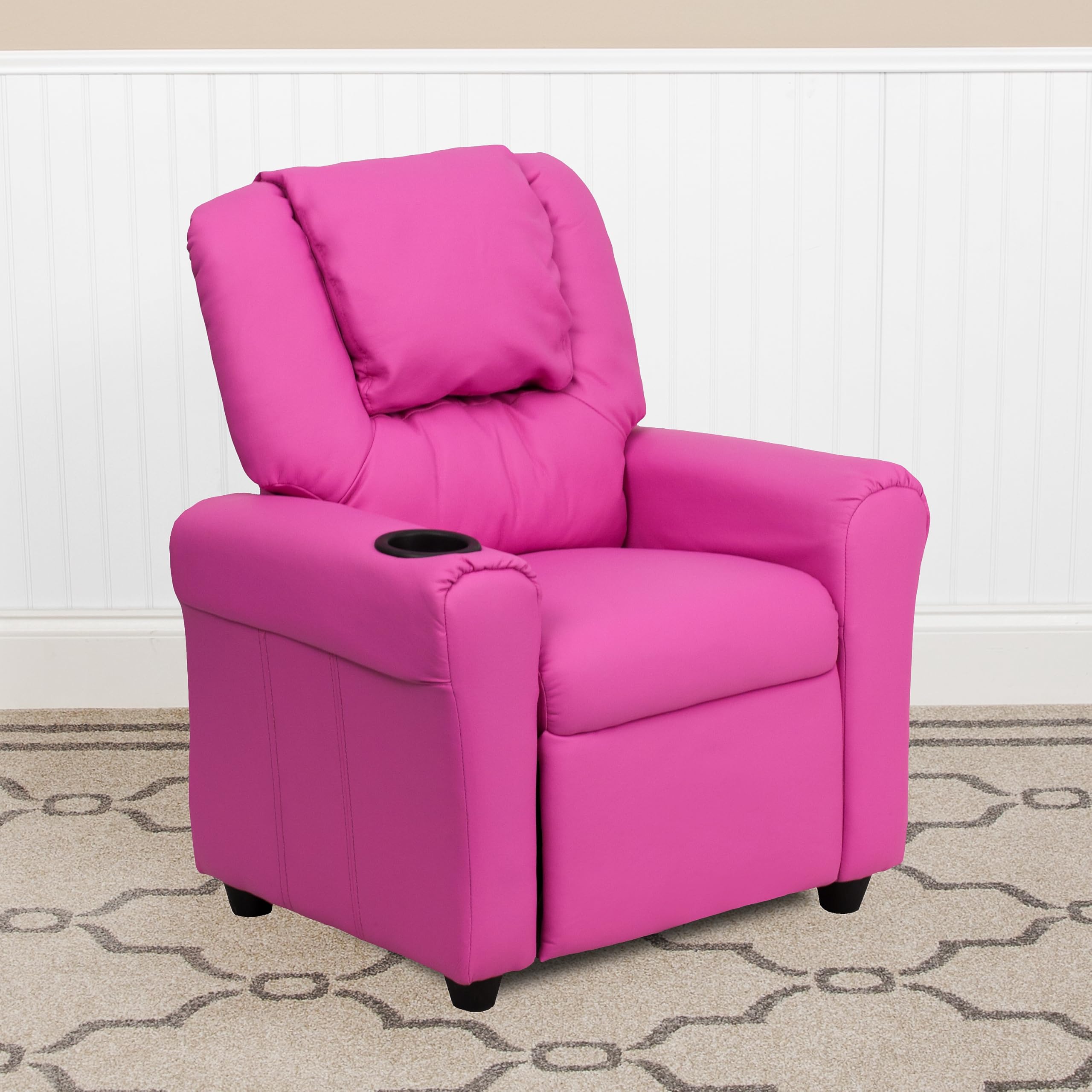 Flash Furniture Vana Vinyl Kids Recliner with Cup Holder, Headrest, and Safety Recline, Contemporary Reclining Chair for Kids, Supports up to 90 lbs., Beige