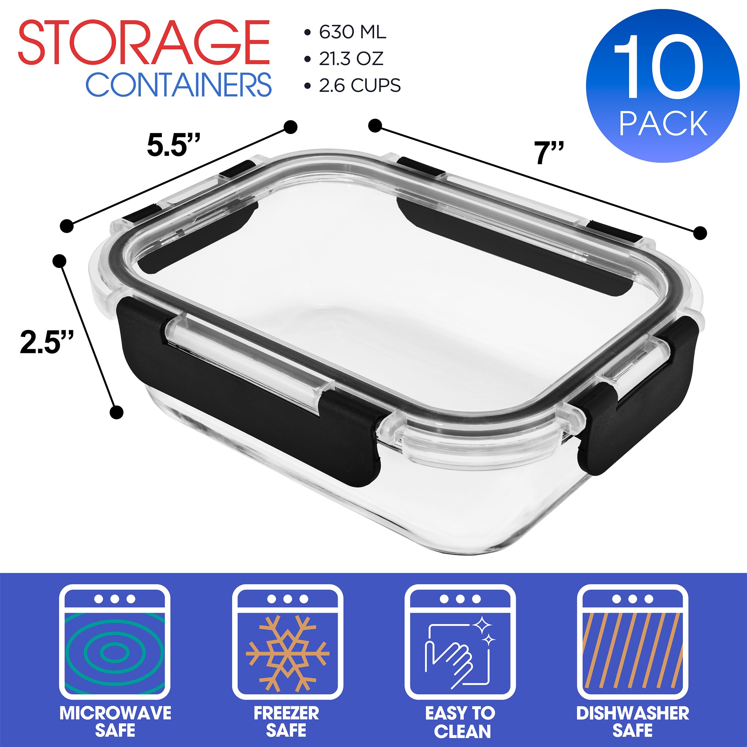 Sorbus 20pc Glass Meal Prep Containers Set – 10 Glass Food Storage Containers (21.3oz, 2.6 Cups) with Airtight Lids – Freezer, Dishwasher, and Oven Safe – Reusable Containers for Meal Prep and Storage